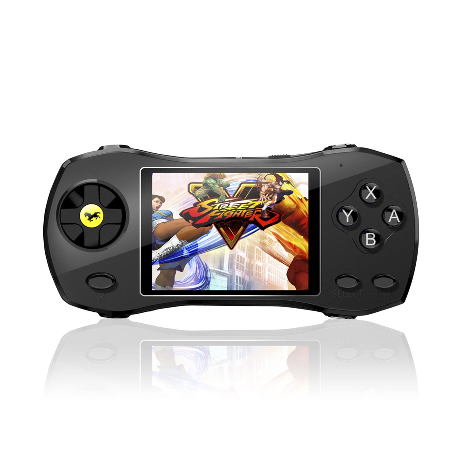 Console di gioco portatile che gioca a un gioco di Street Fighter. Pulsanti, schermo e logo sono visibili.