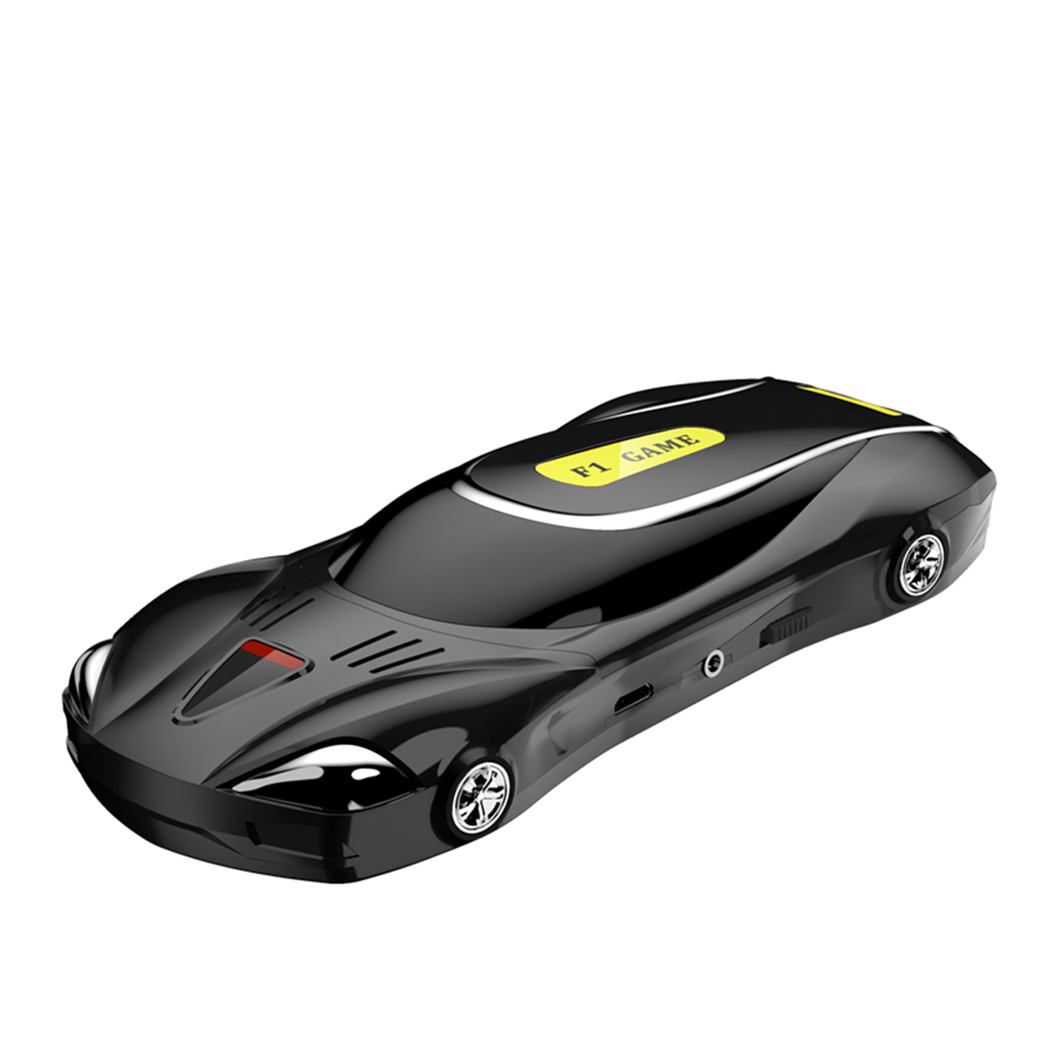 Un'auto giocattolo nera a forma di auto sportiva, con una striscia gialla.