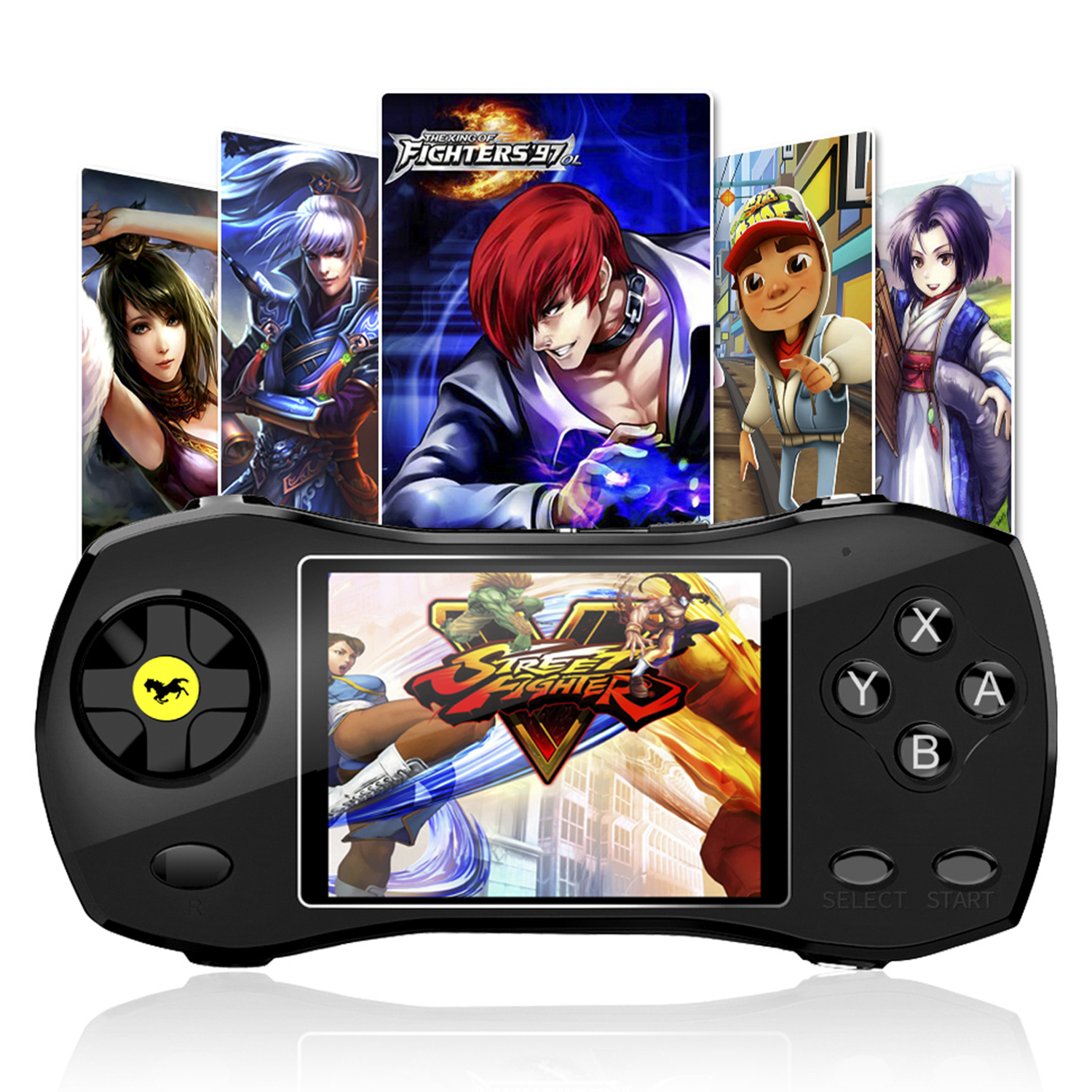 Una console di gioco portatile nera con diverse copertine di gioco visualizzate sullo schermo.