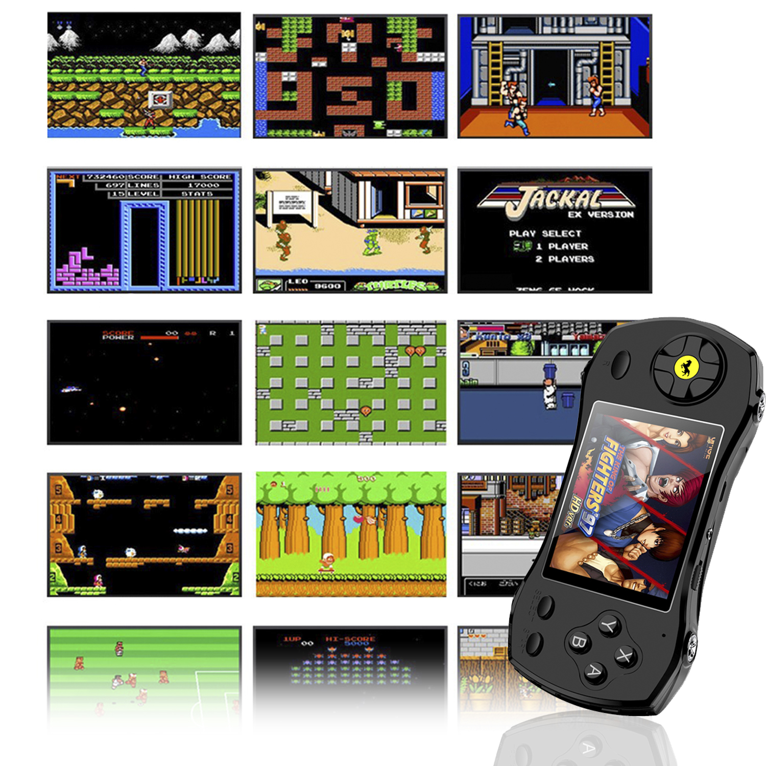 Console di gioco portatile con più schermate di gioco visibili. Corpo nero.