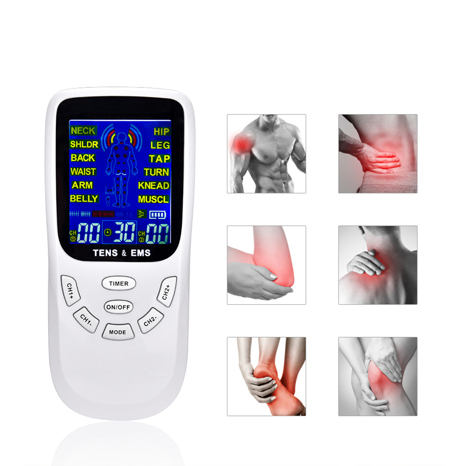 Dispositivo TENS/EMS blanco con pantalla, iconos y botones. En el lado derecho se muestran partes del cuerpo resaltadas en rojo.
