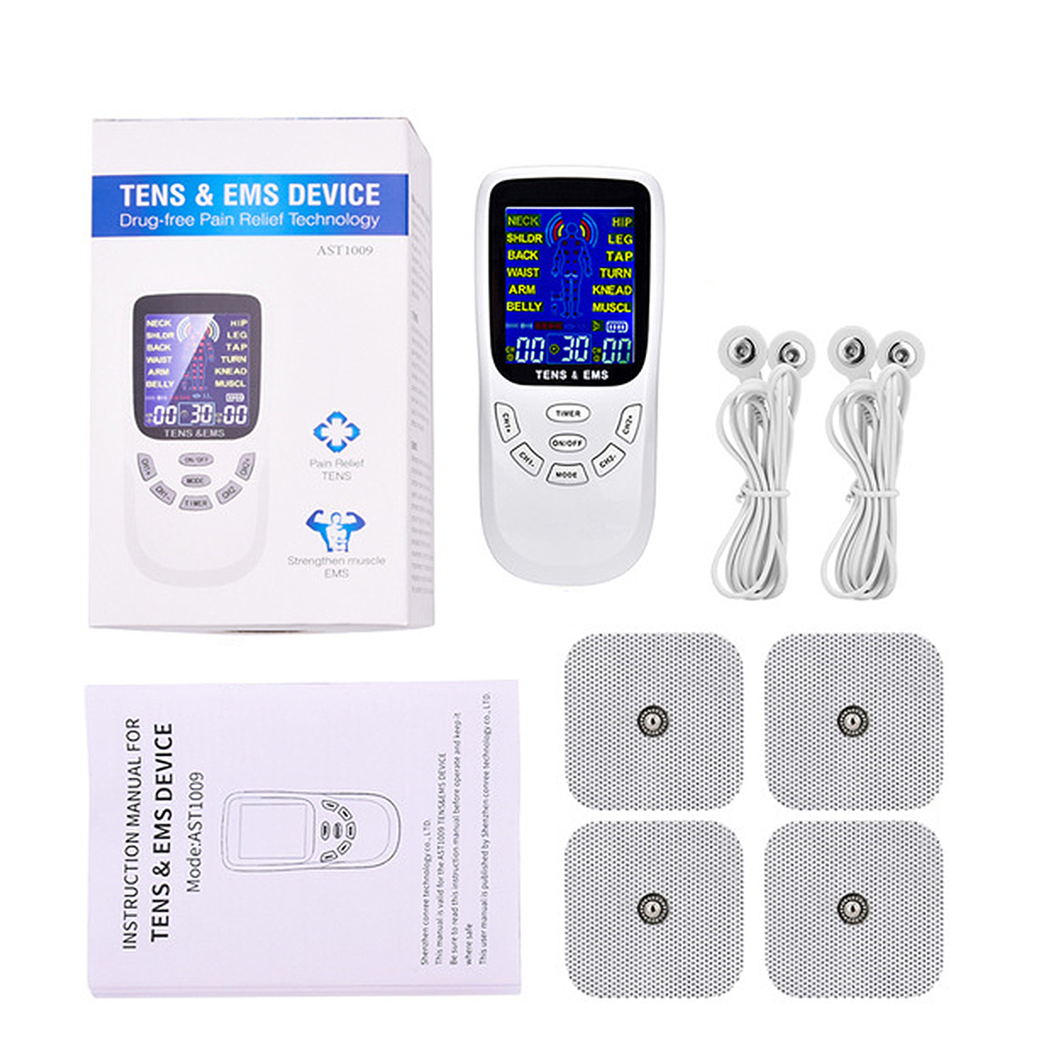 Kit de dispositivo TENS y EMS, incluye dispositivo, electrodos y manual.