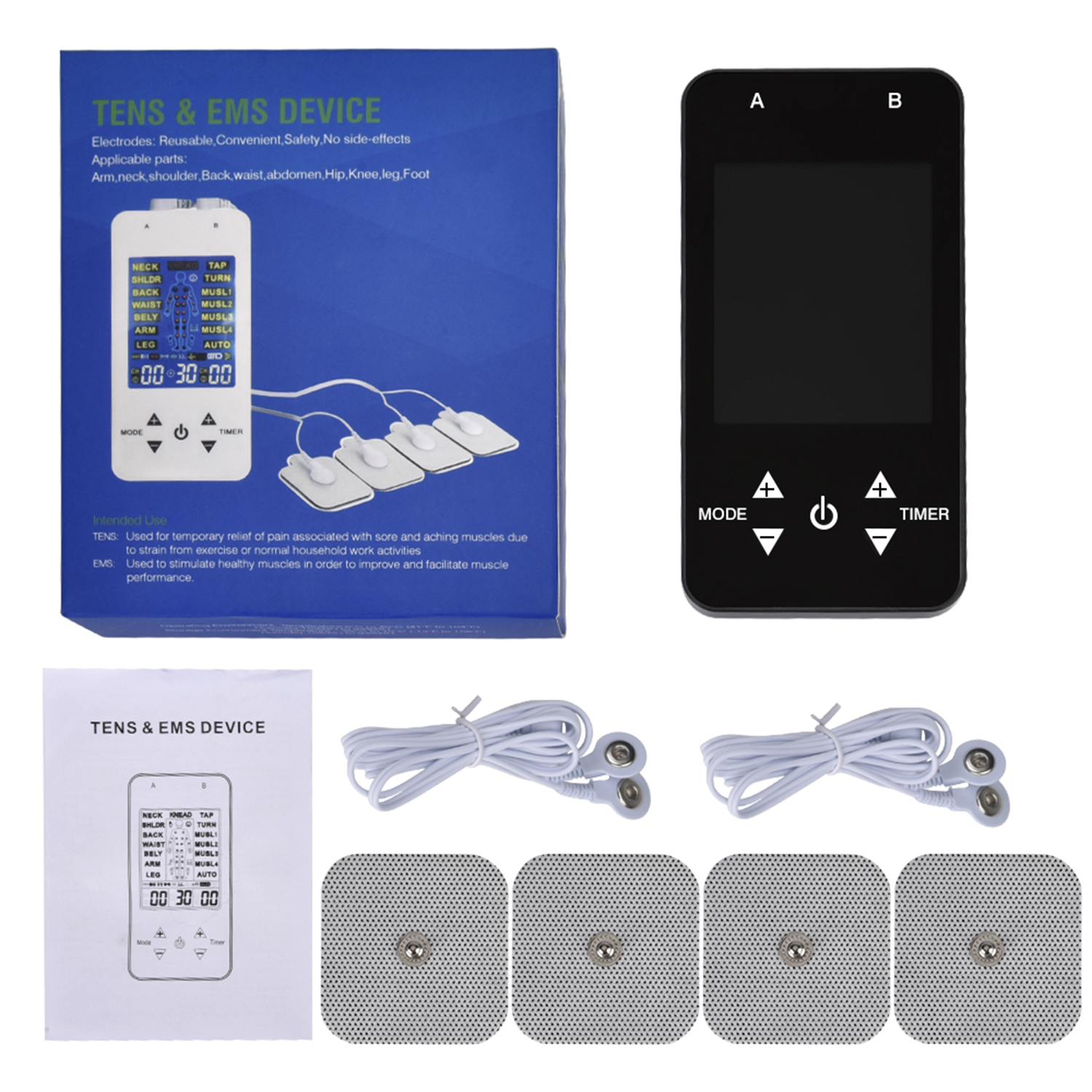 Un kit di dispositivi TENS ed EMS. Include il dispositivo principale, elettrodi, cavi e un diagramma del corpo.