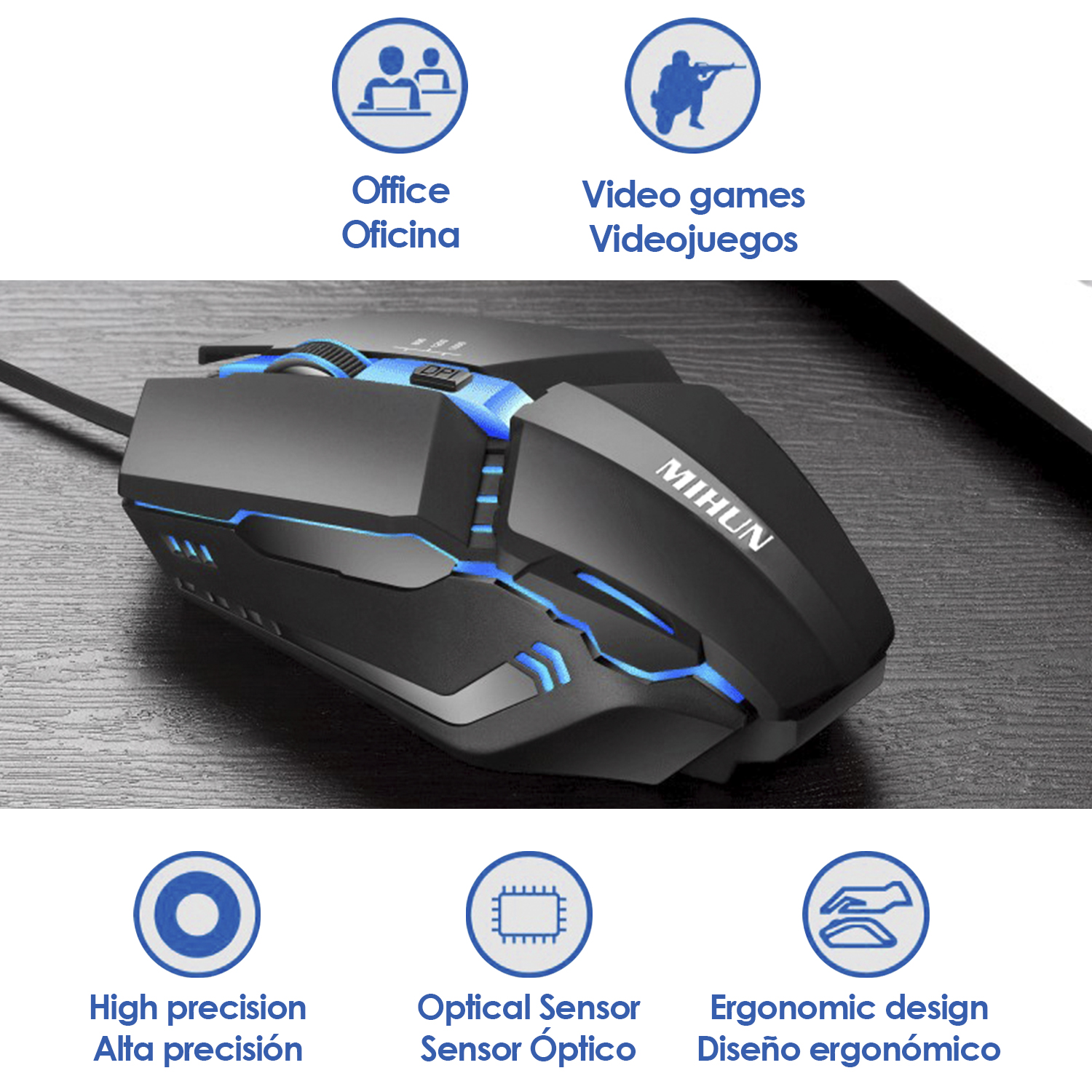Un ratón para juegos negro y azul con luces LED azules e iconos que indican funciones.