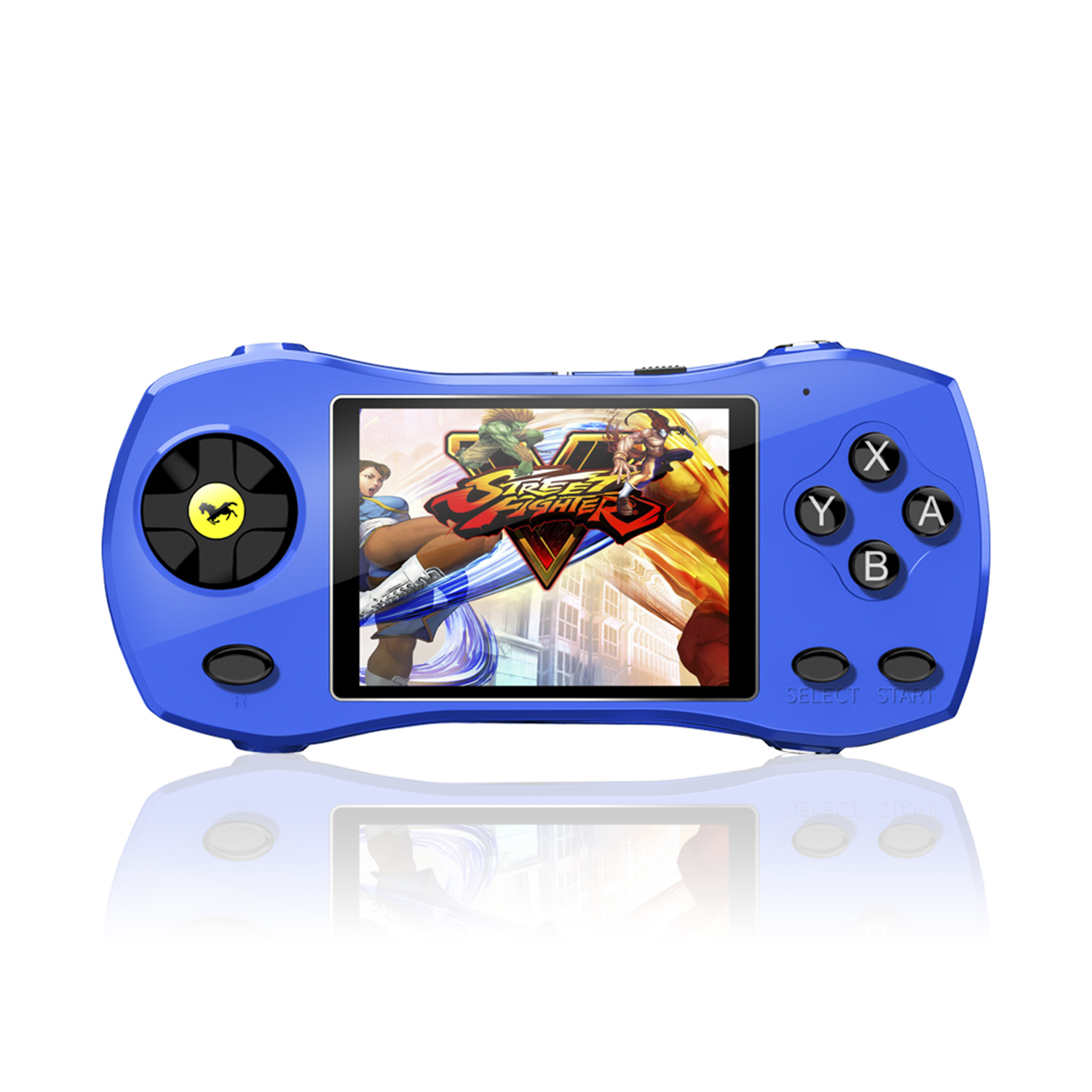 Una console di gioco portatile blu con uno schermo che mostra un gioco di combattimento. Ha pulsanti e un D-pad.