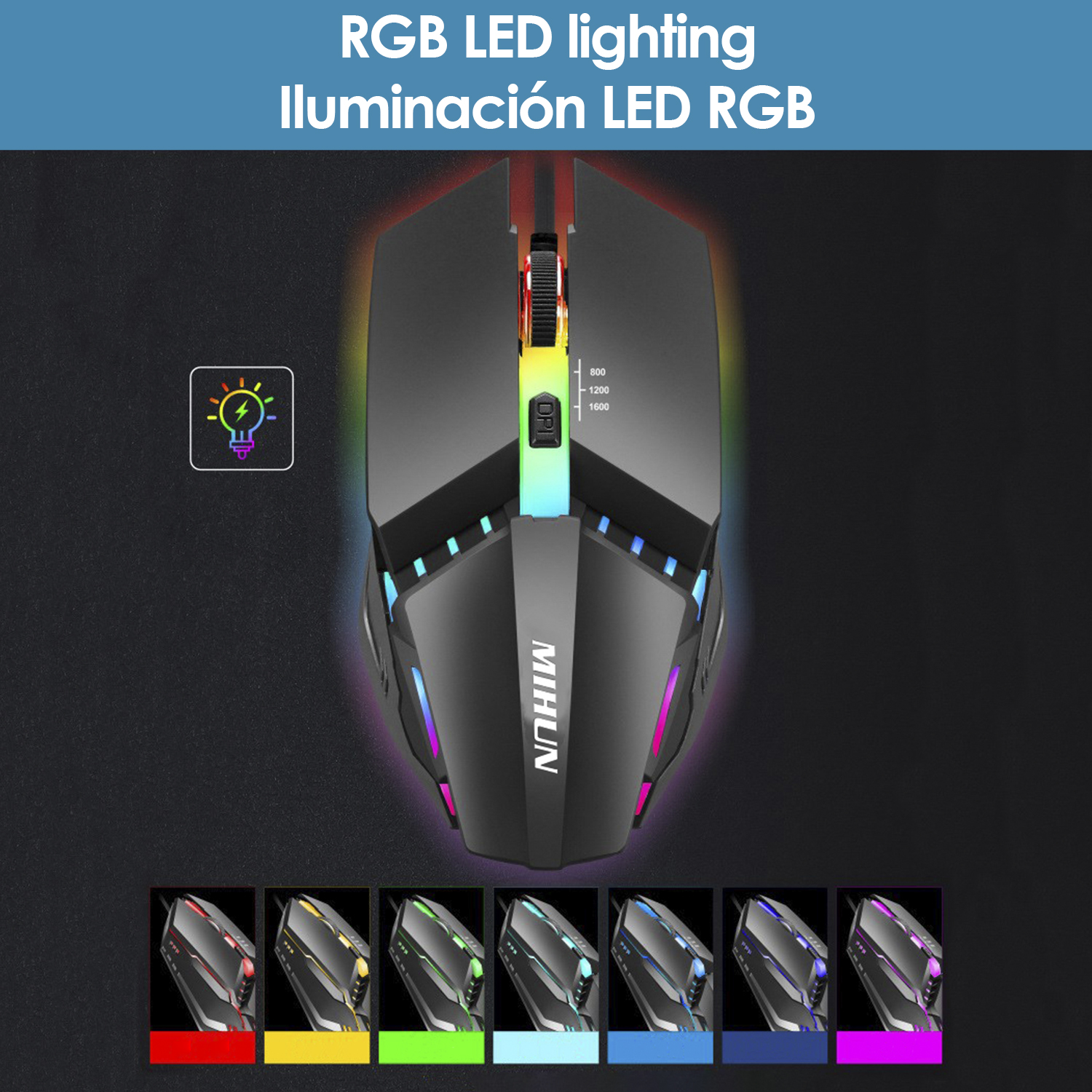 Un ratón gaming negro con iluminación RGB y ajustes de DPI.