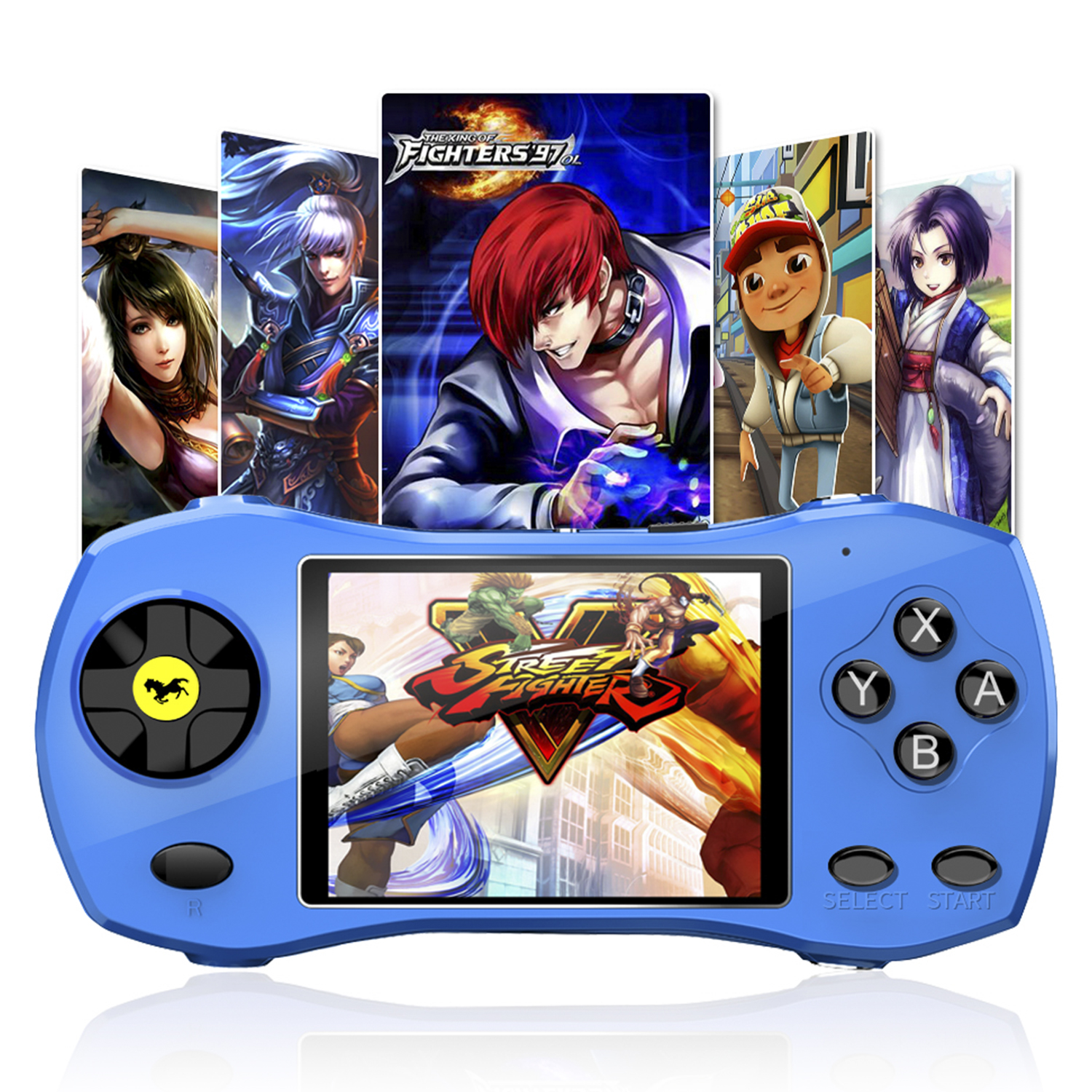 Console di gioco portatile blu con schermi di gioco. Vari personaggi sono visualizzati sugli schermi di gioco.
