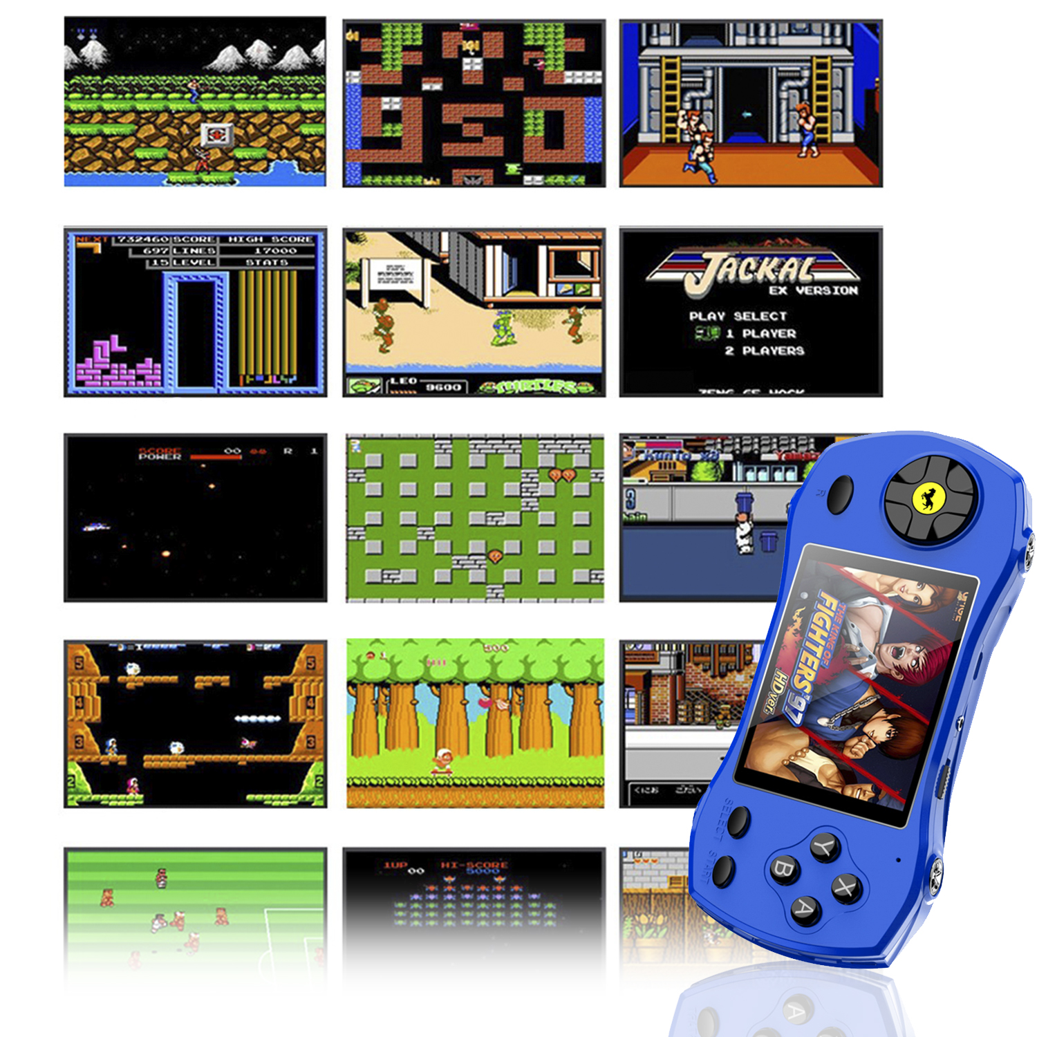 Console di gioco portatile blu con schermo che mostra screenshot di giochi retrò.