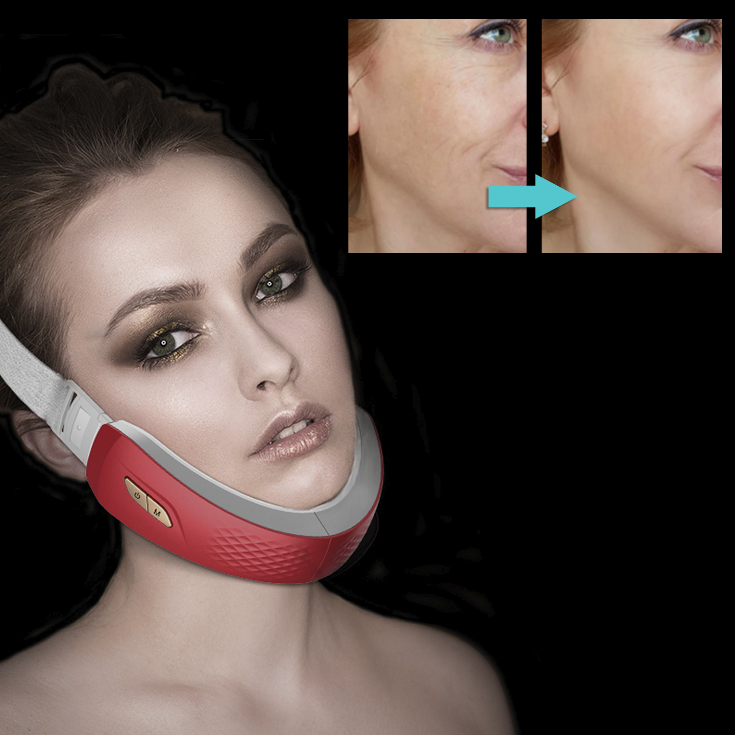 Una donna con un dispositivo di bellezza sul viso, con foto del prima e del dopo.