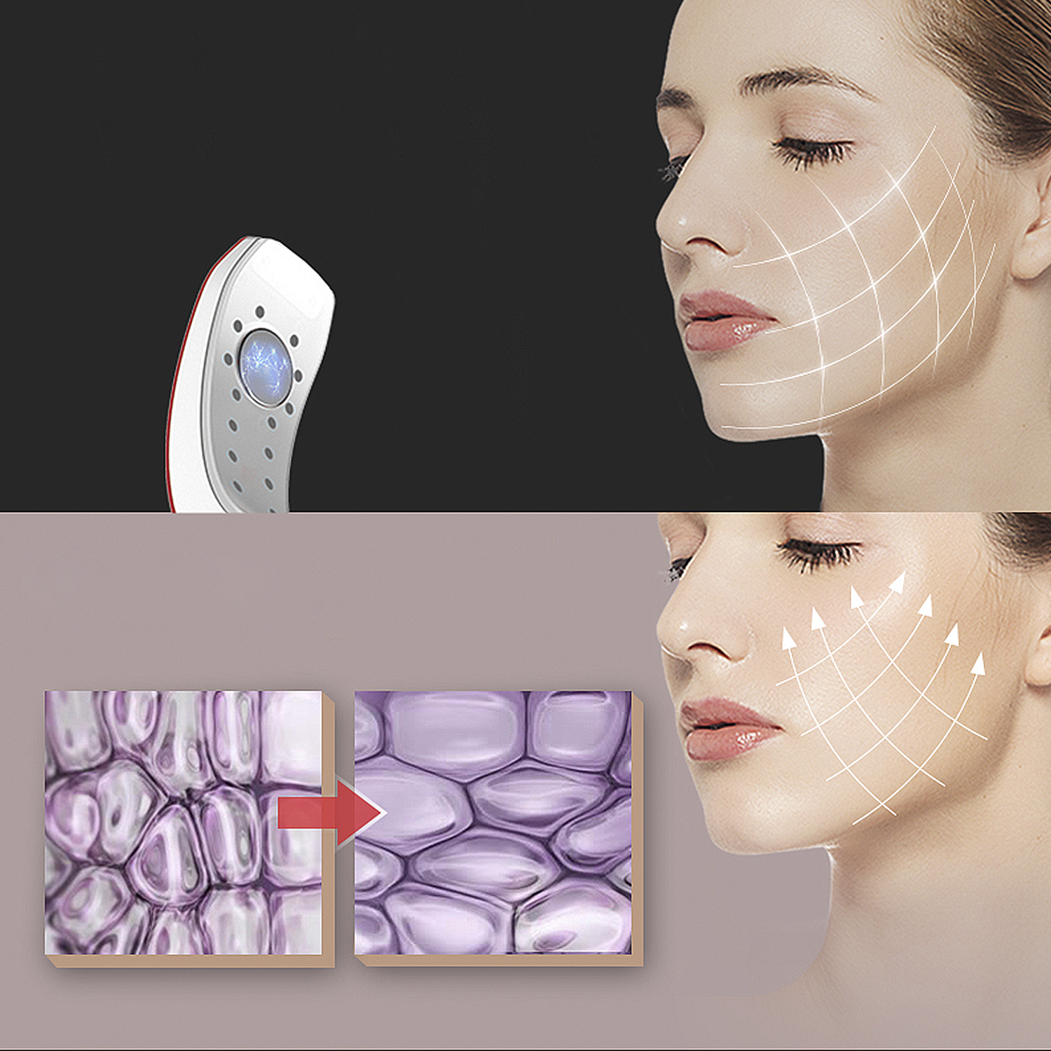 Volto di donna con un dispositivo per la cura della pelle, diagrammi che mostrano gli strati della pelle.