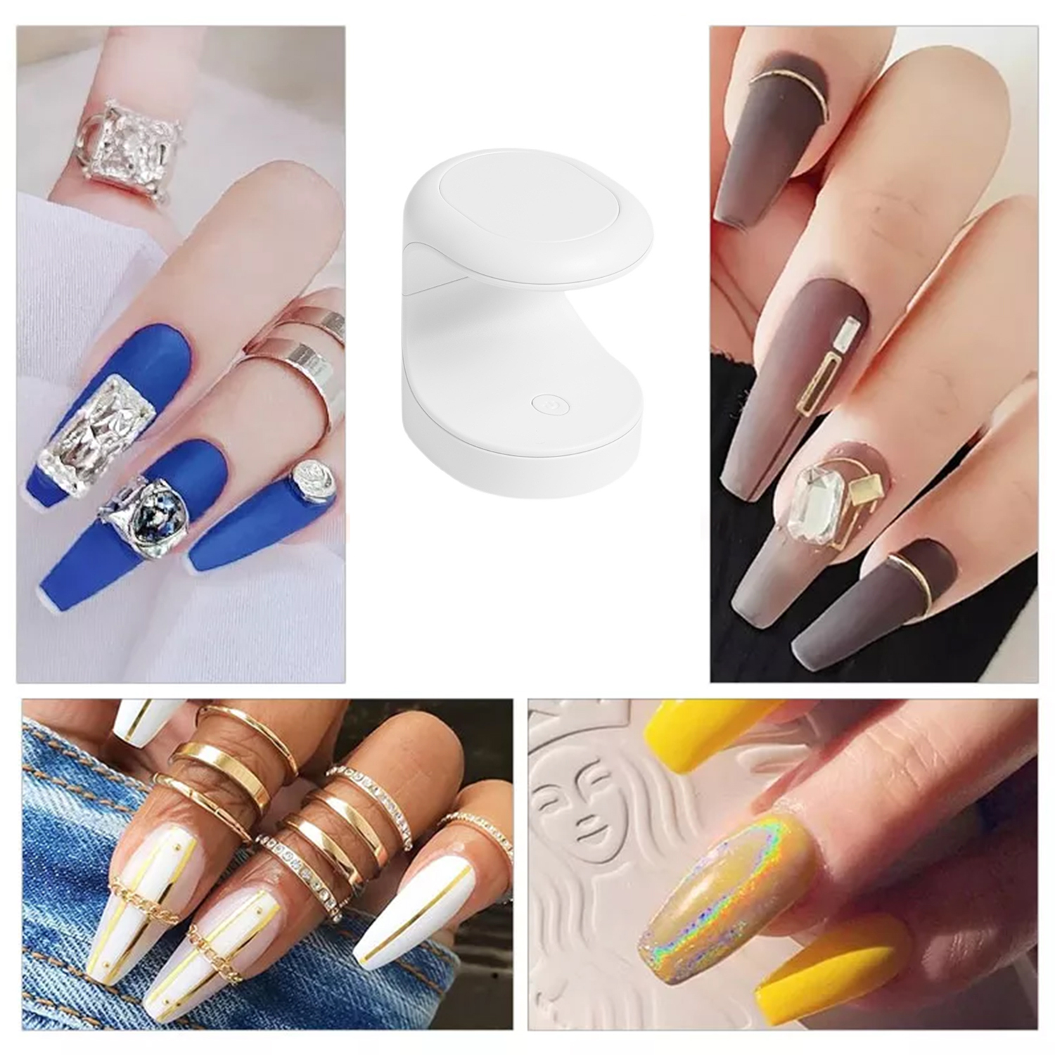 Mehrere Bilder von Maniküre-Nägeln und einer weißen UV-Nagellampe.