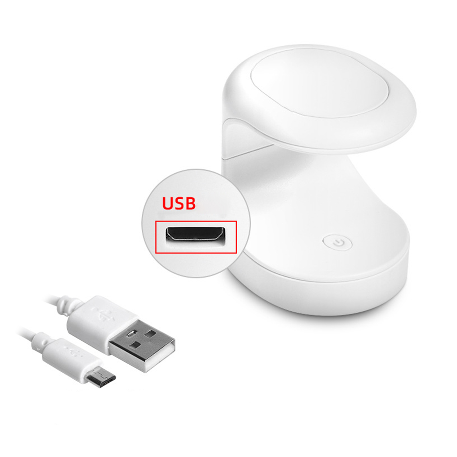 Weiße UV-Nagellampe mit USB-Anschluss. Ein USB-Kabel liegt darunter. Weißer Hintergrund.