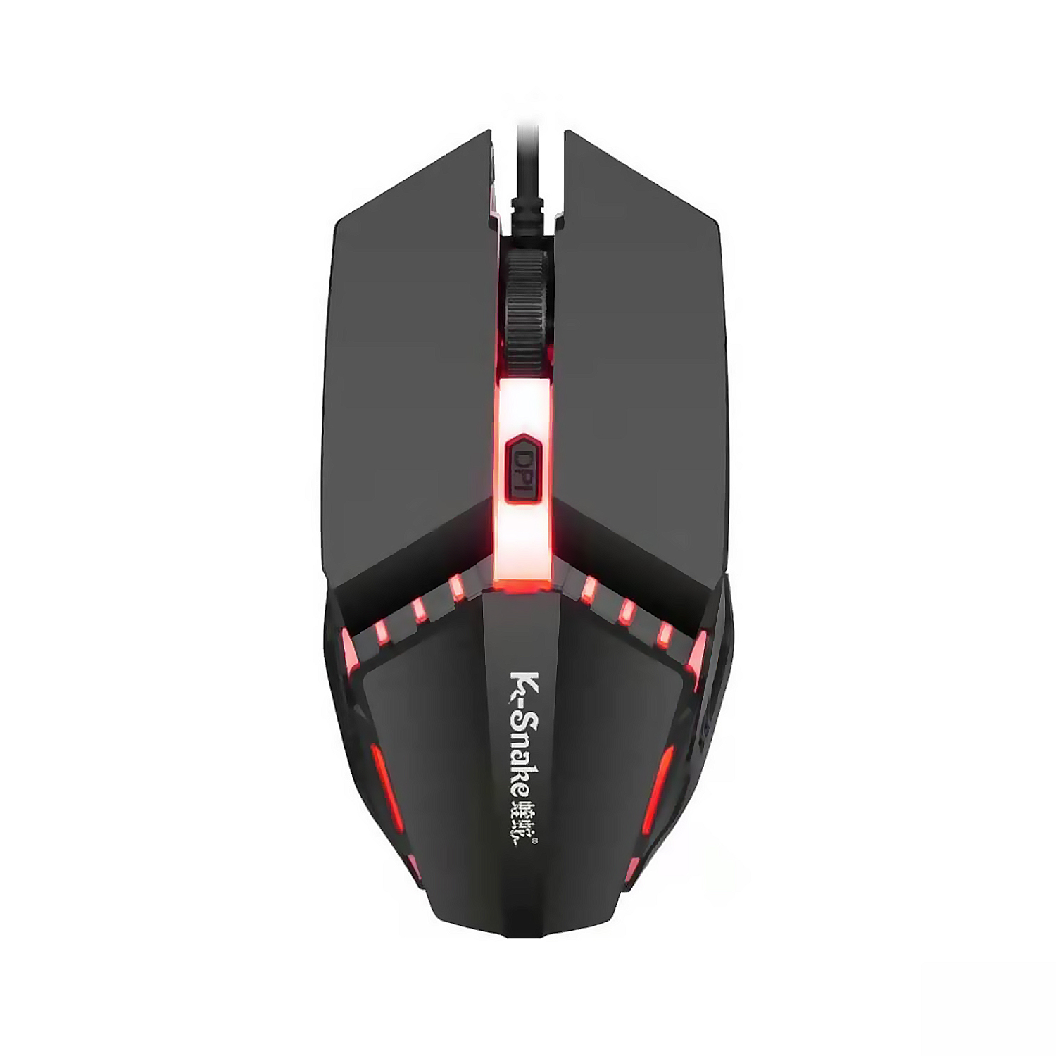 Un mouse da gioco nero. Ha luci rosse e una rotella di scorrimento. K-Snake è scritto sul mouse.