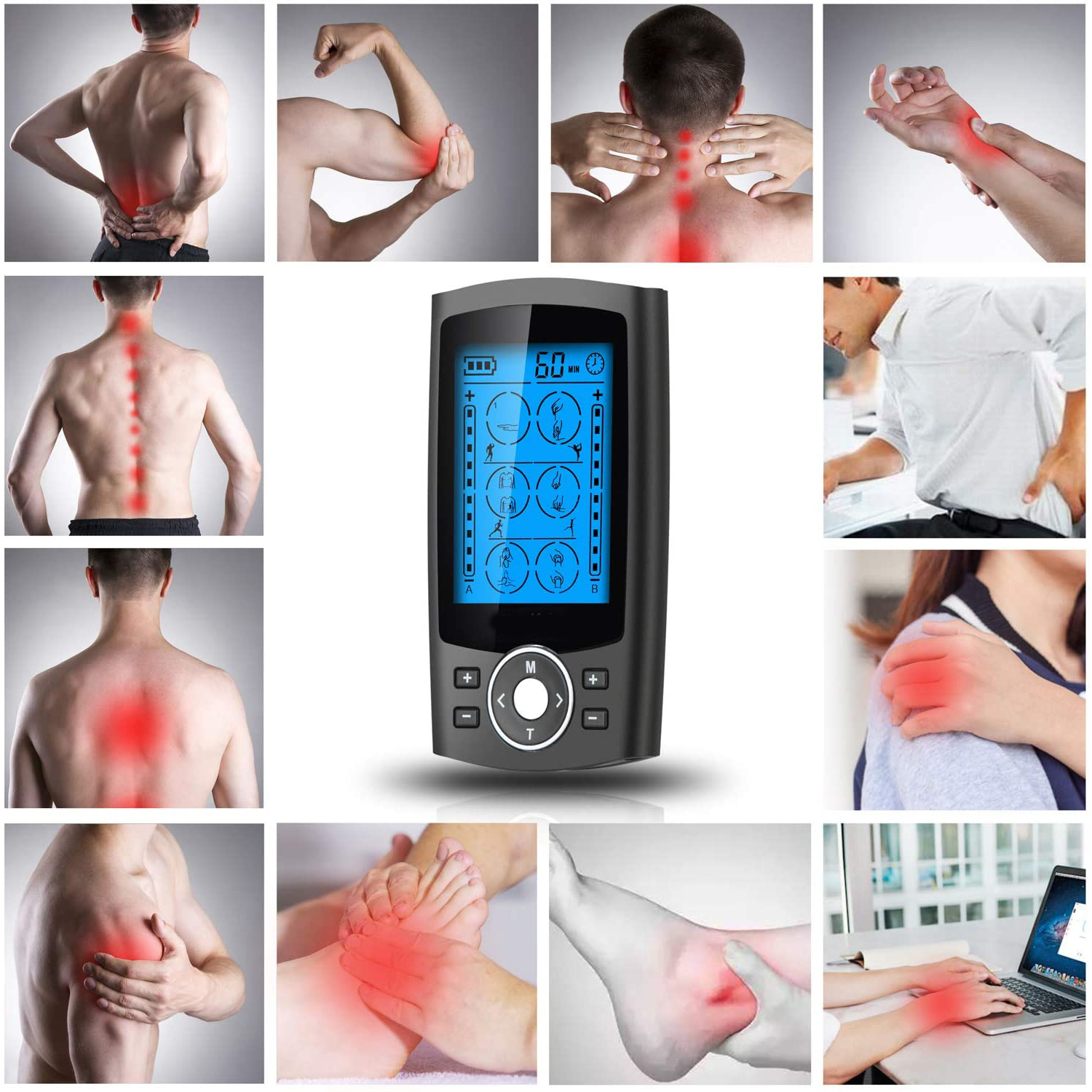 Un collage di parti del corpo con evidenziature rosse, più uno stimolatore muscolare elettrico.