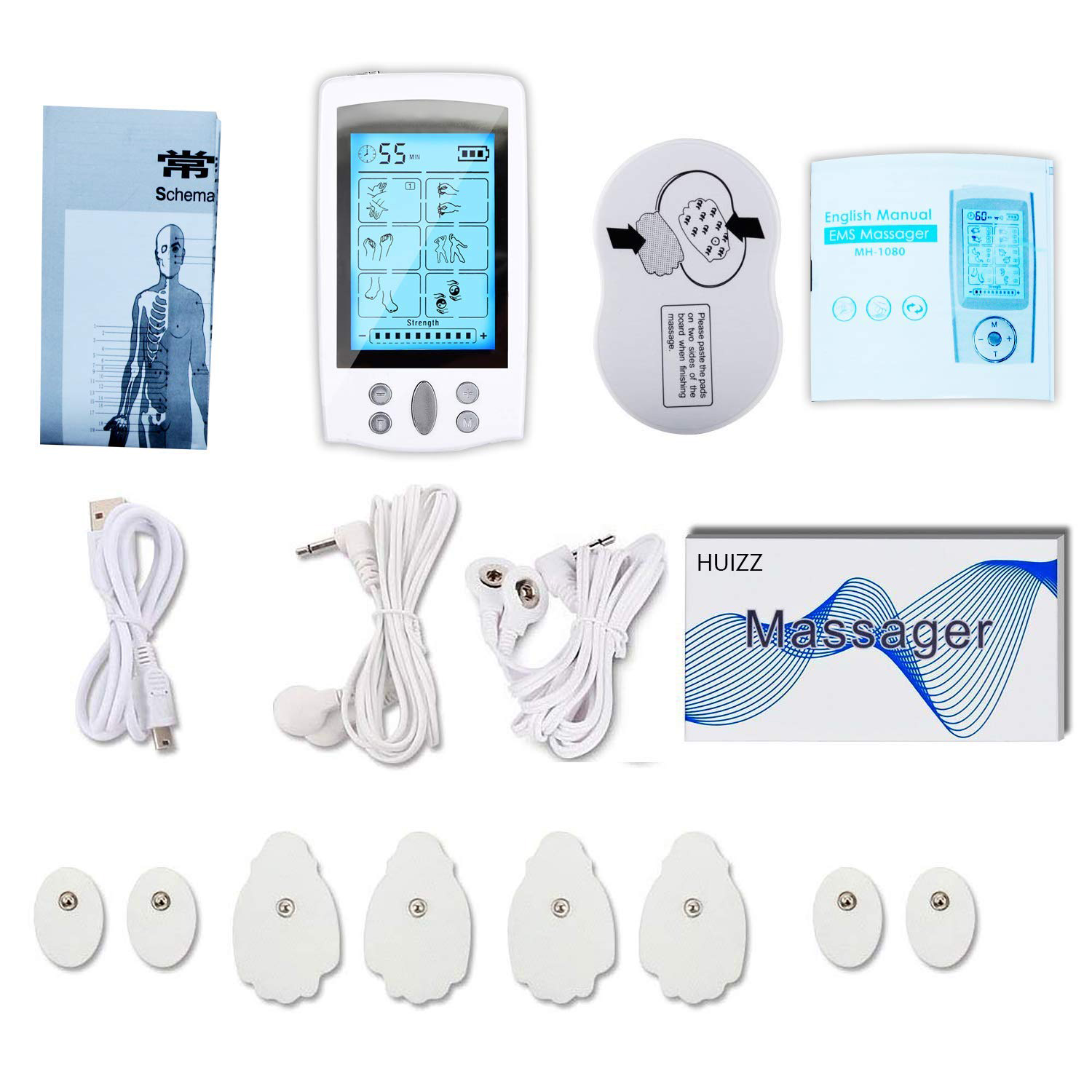 Eine Sammlung medizinischer Geräte, darunter ein EMS-Massagegerät, Kabel und Pads.