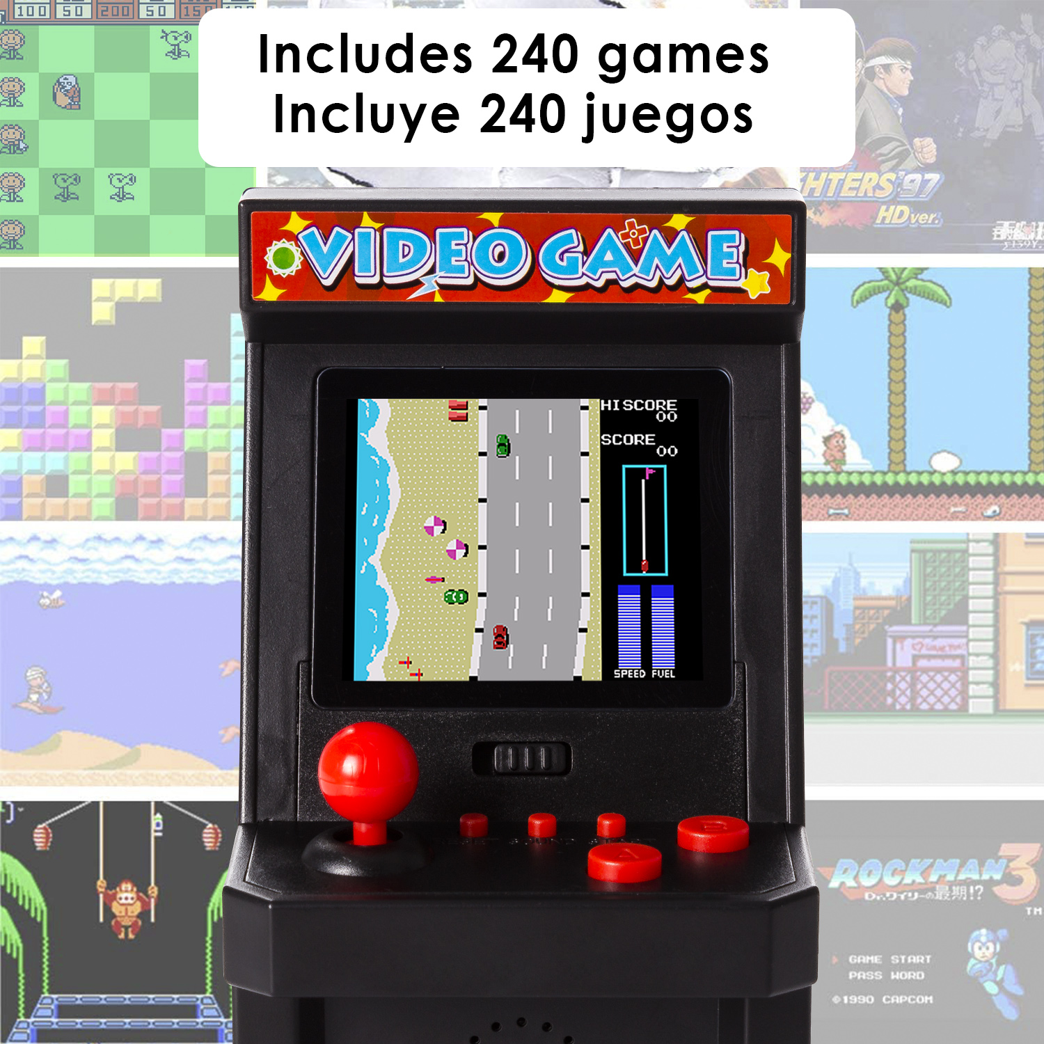 Piccolo gioco arcade nero con joystick e pulsanti rossi, che mostra un videogioco sullo schermo.