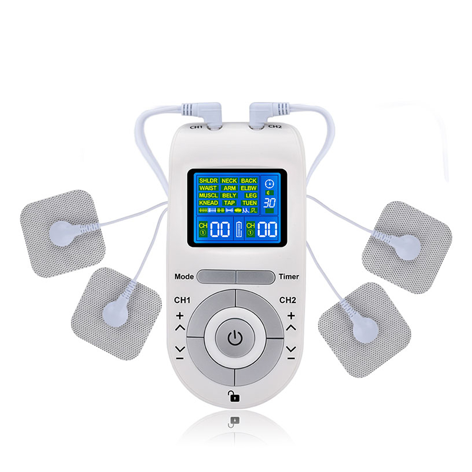 Dispositivo blanco con múltiples almohadillas y cables para estimulación muscular. El dispositivo tiene una pantalla y botones de control.