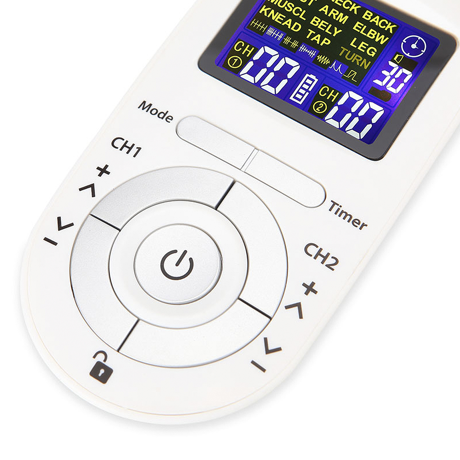 Dispositivo blanco con pantalla que muestra números. Tiene botones para modo, temporizador y ajustes.