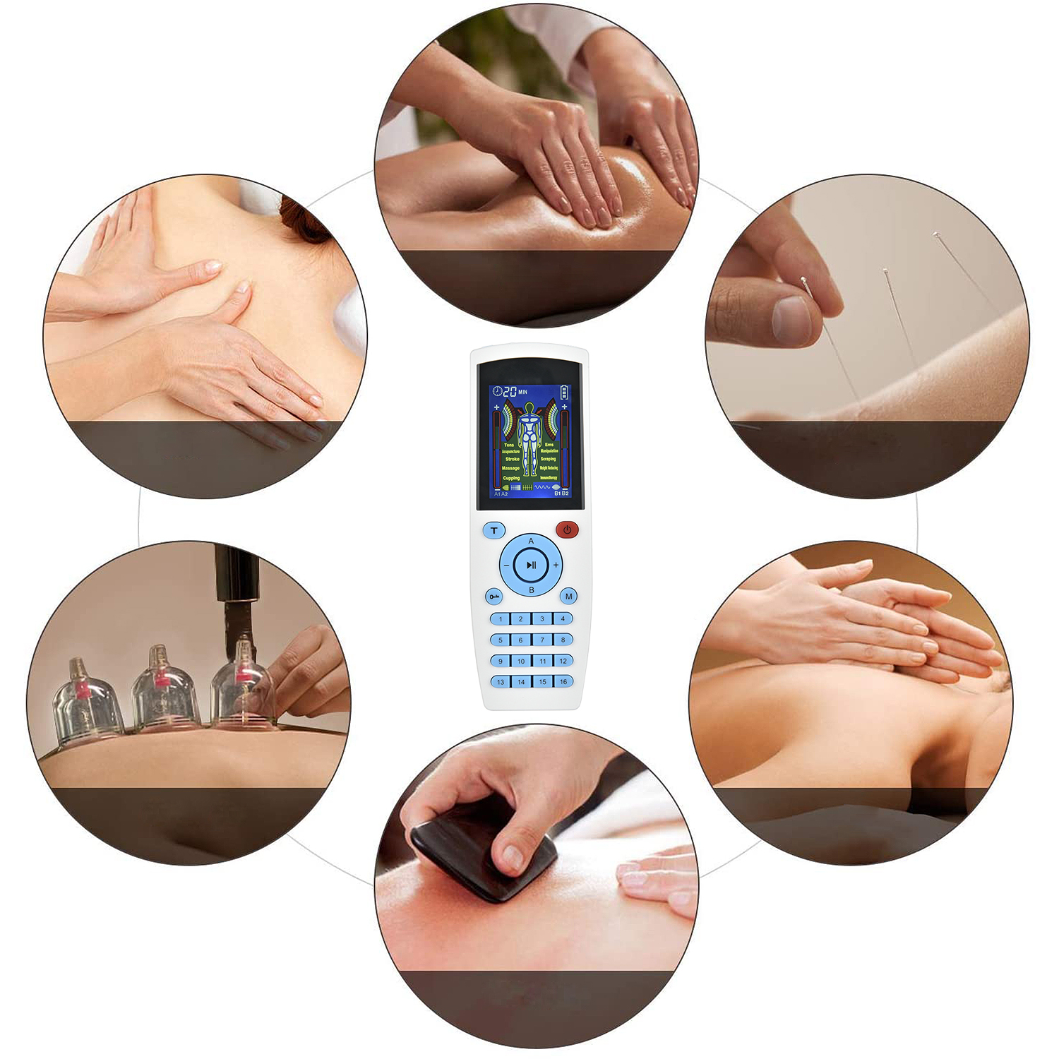 Collage de tratamientos de medicina alternativa: masaje, acupuntura, ventosas y un dispositivo de control.