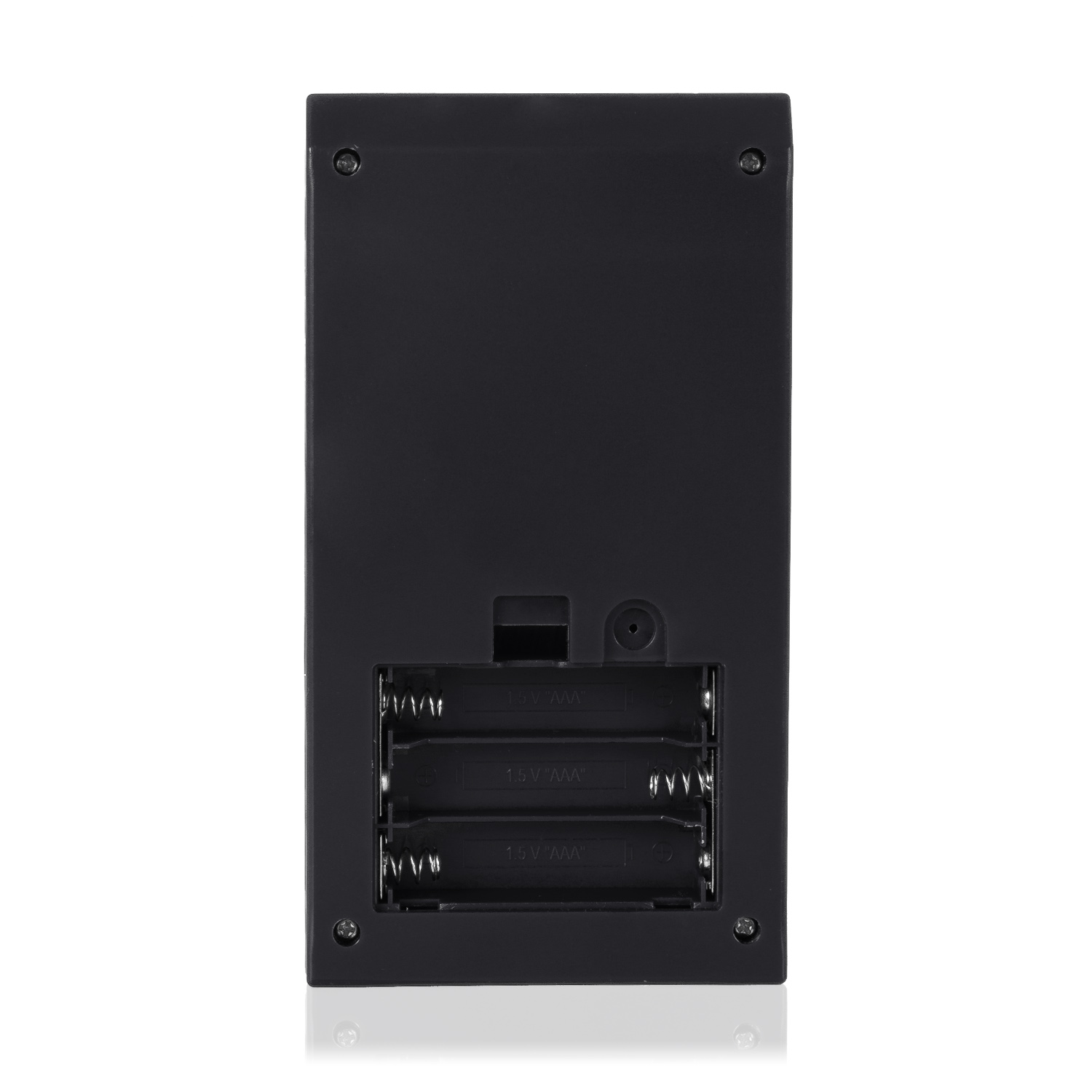 Retro del dispositivo nero con 3 slot per batterie e viti.
