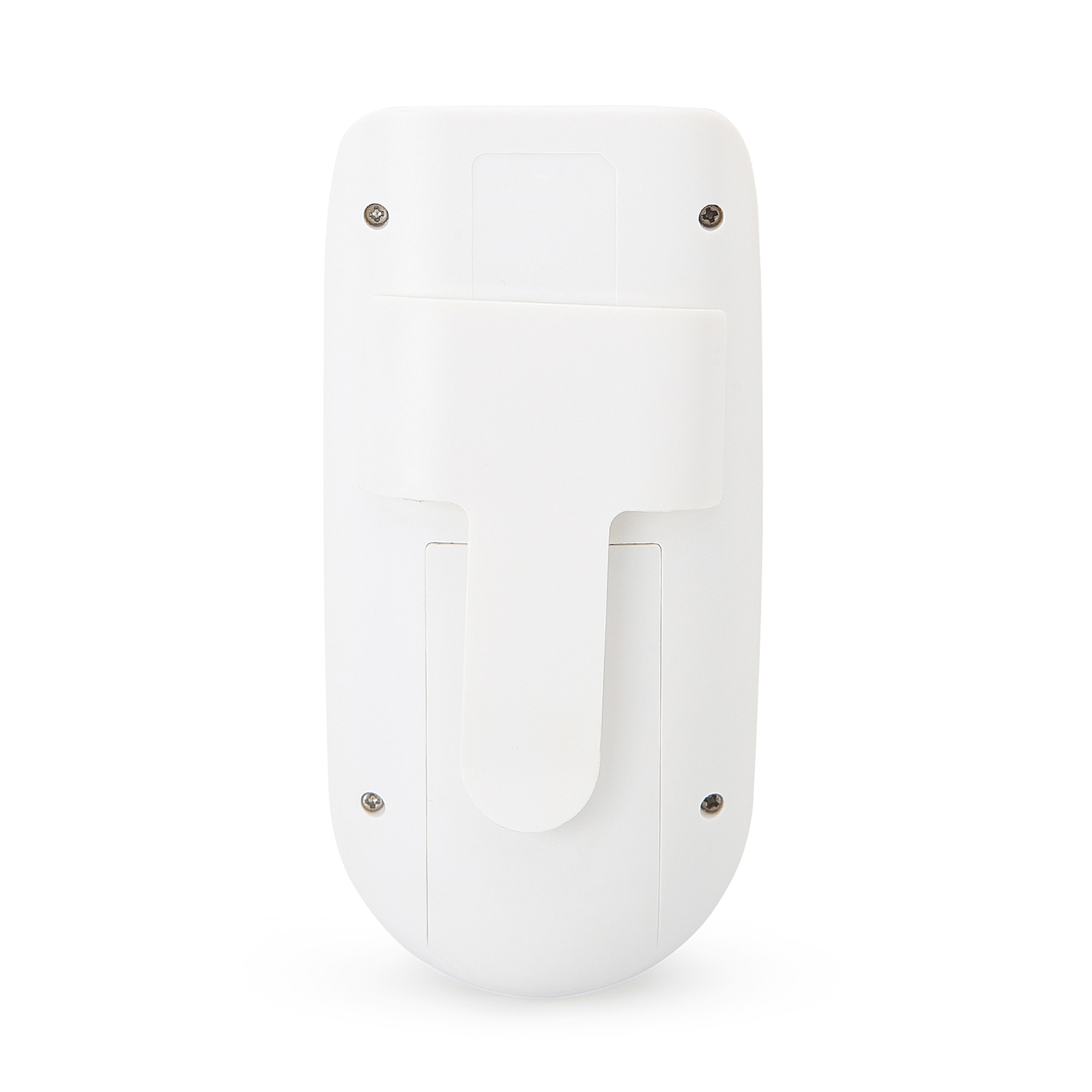 Un dispositivo rectangular blanco. Tiene un soporte en la parte trasera con cuatro orificios para tornillos.