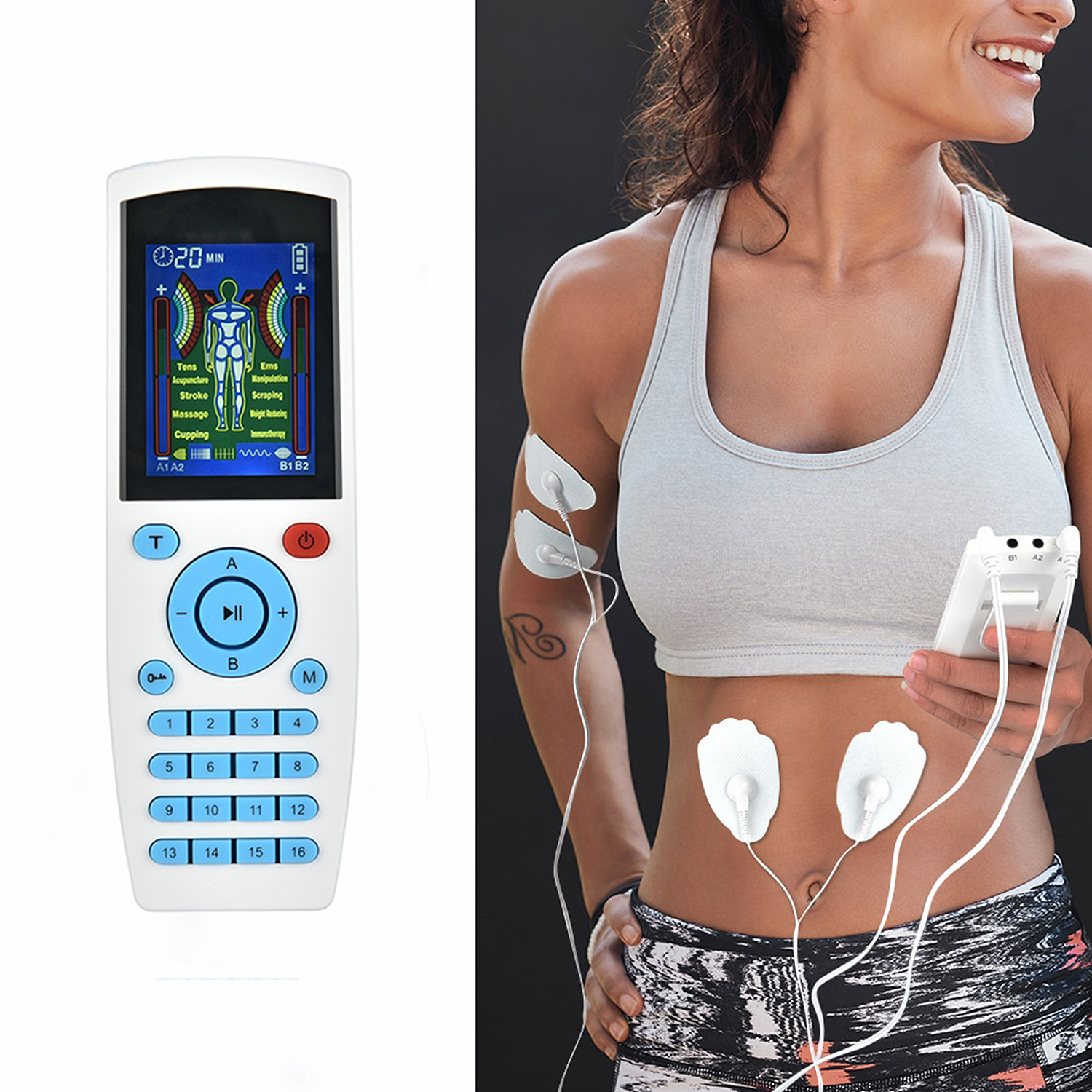 Una mujer con electrodos en su cuerpo opera un dispositivo de estimulación muscular eléctrica con pantalla digital.