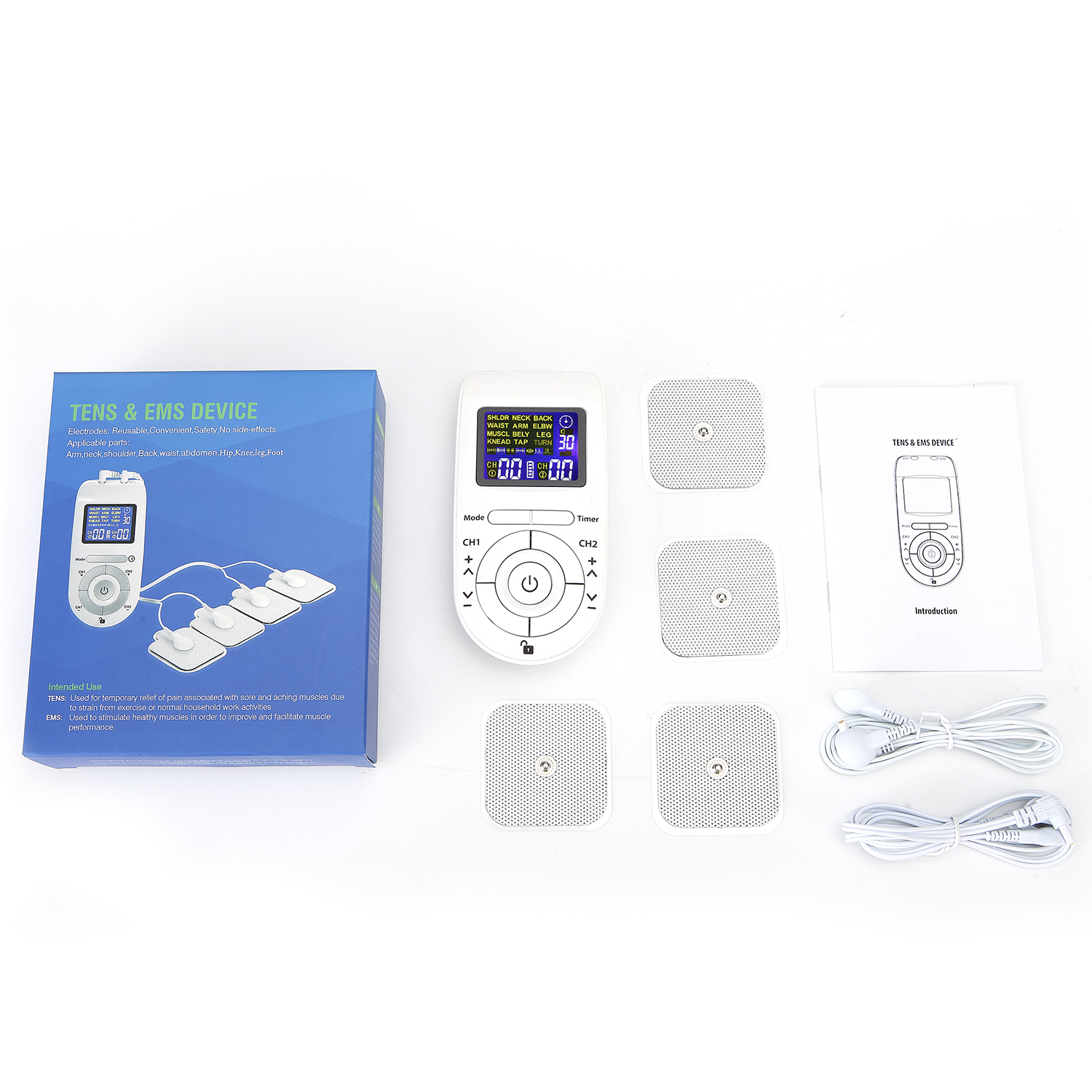Un kit de dispositivo TENS y EMS con unidad de control, almohadillas y cables, sobre una superficie blanca.
