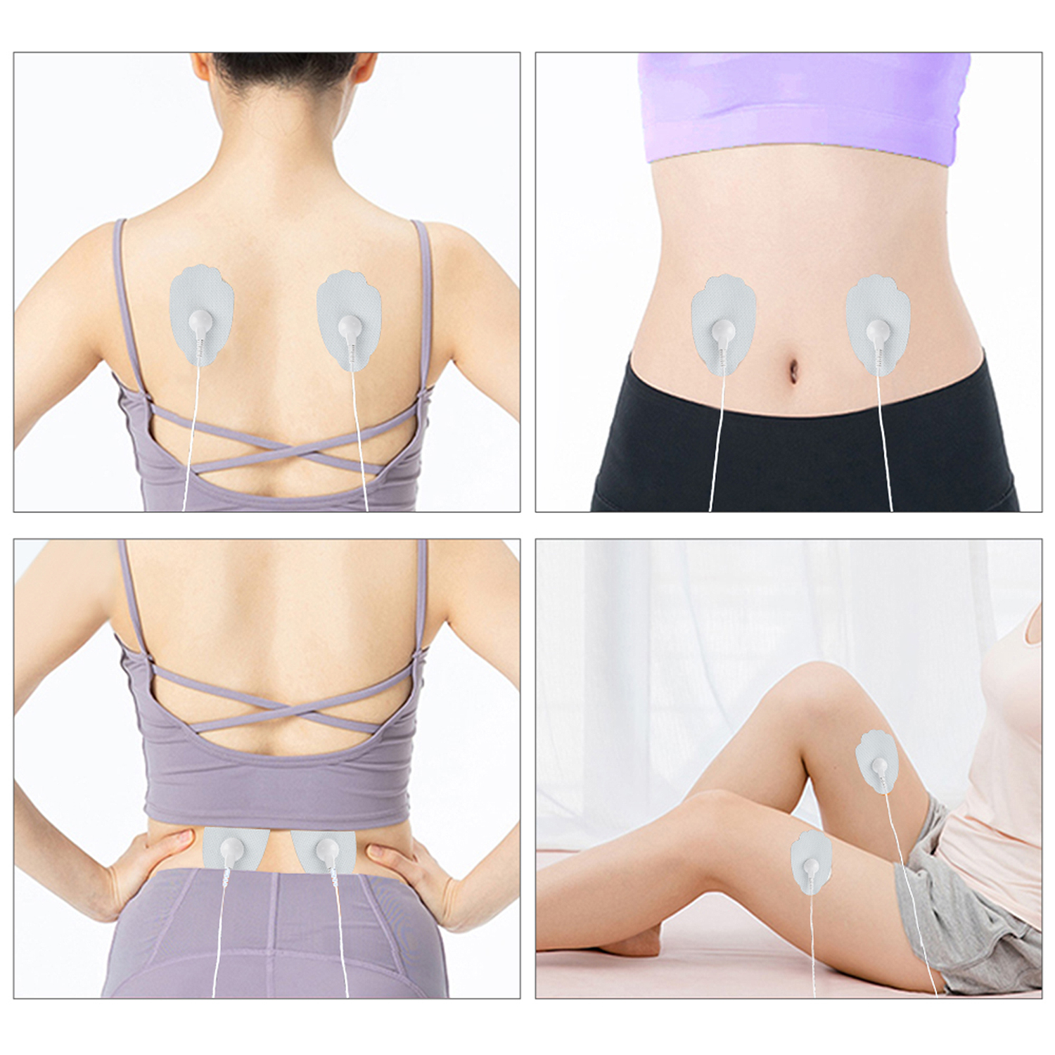 Cuatro imágenes que muestran a una persona con electrodos adheridos a diferentes partes del cuerpo.