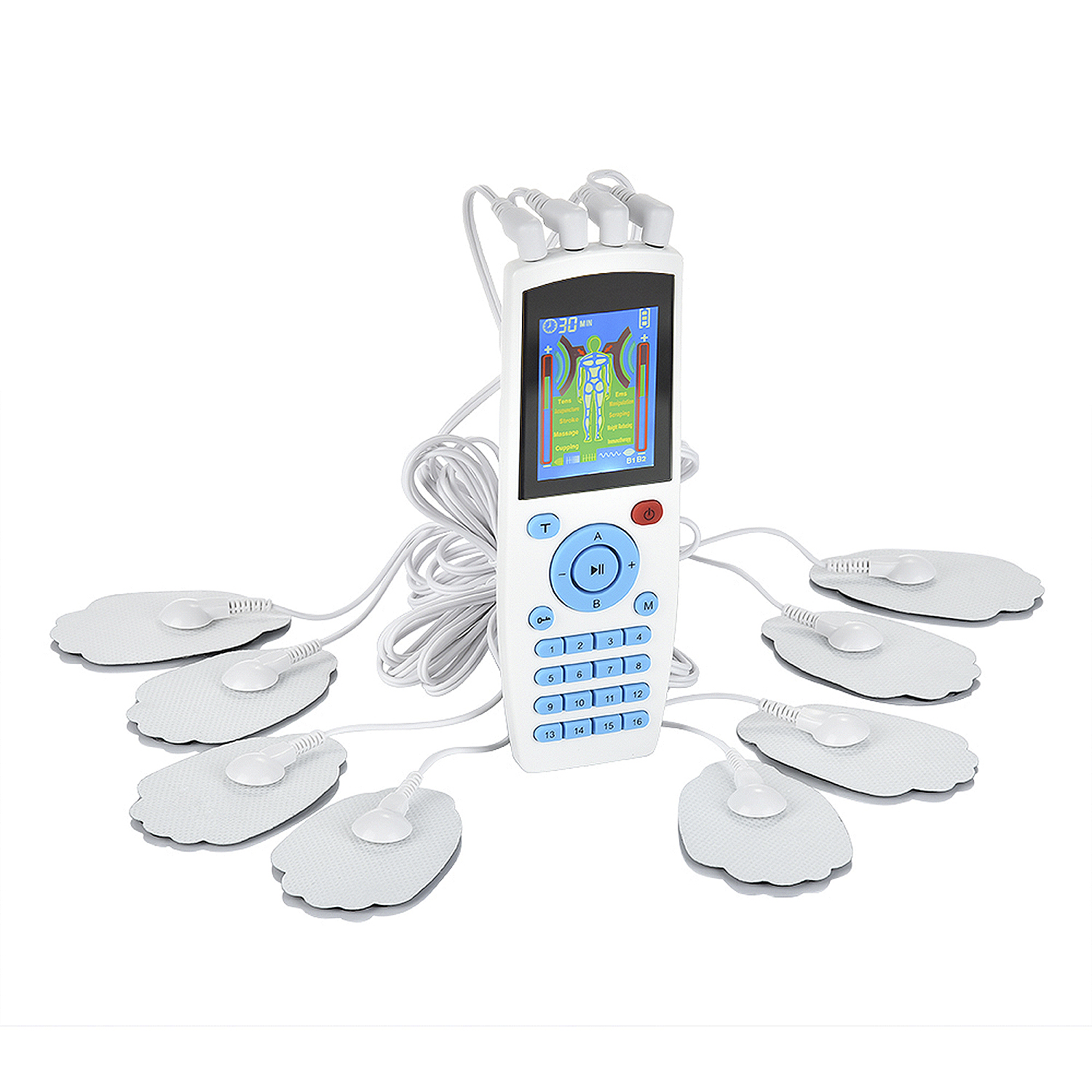 Un estimulador muscular electrónico blanco con múltiples electrodos.