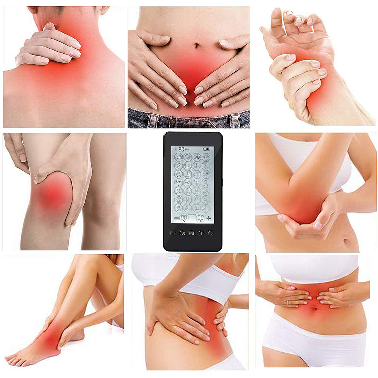 Un collage que muestra áreas del cuerpo con dolor y un dispositivo con interfaz de botones.