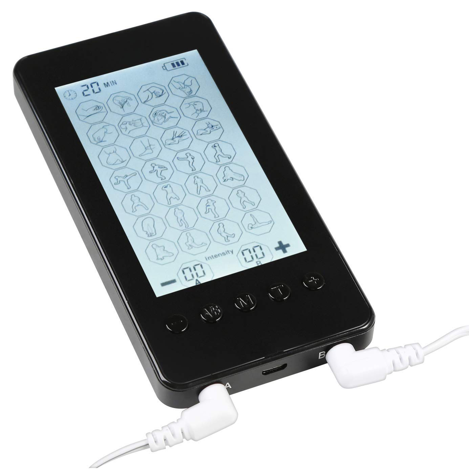 Un dispositivo negro con una pantalla que muestra iconos de masaje y cables blancos conectados a él.
