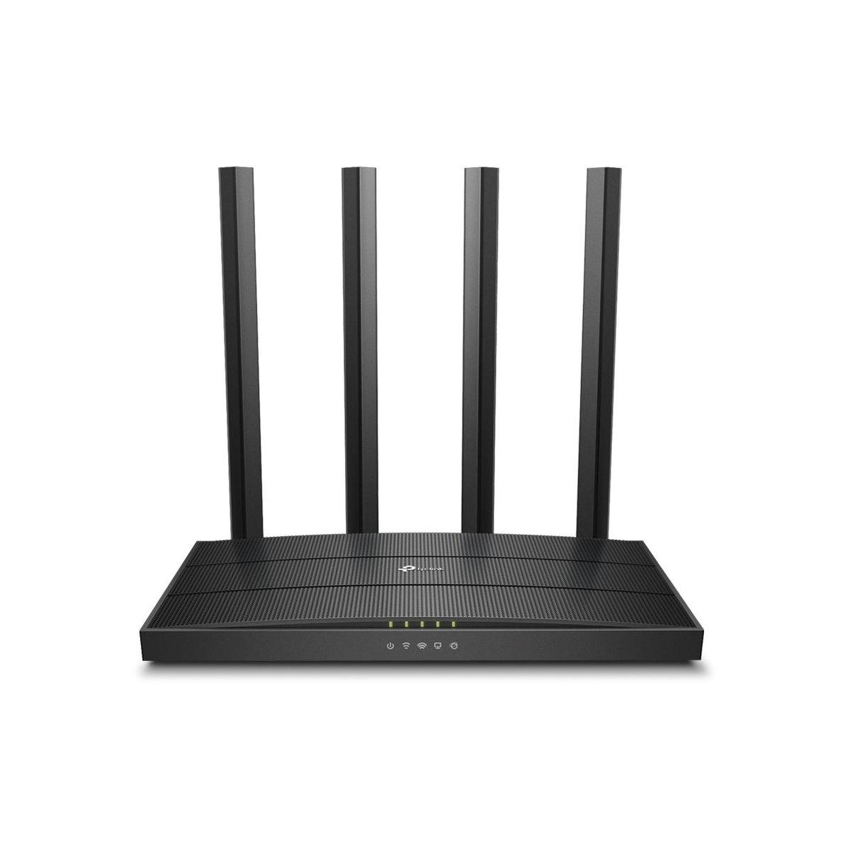 Schwarzer Router mit 4 Antennen. Er hat Strom- und Aktivitätsleuchten vorne.