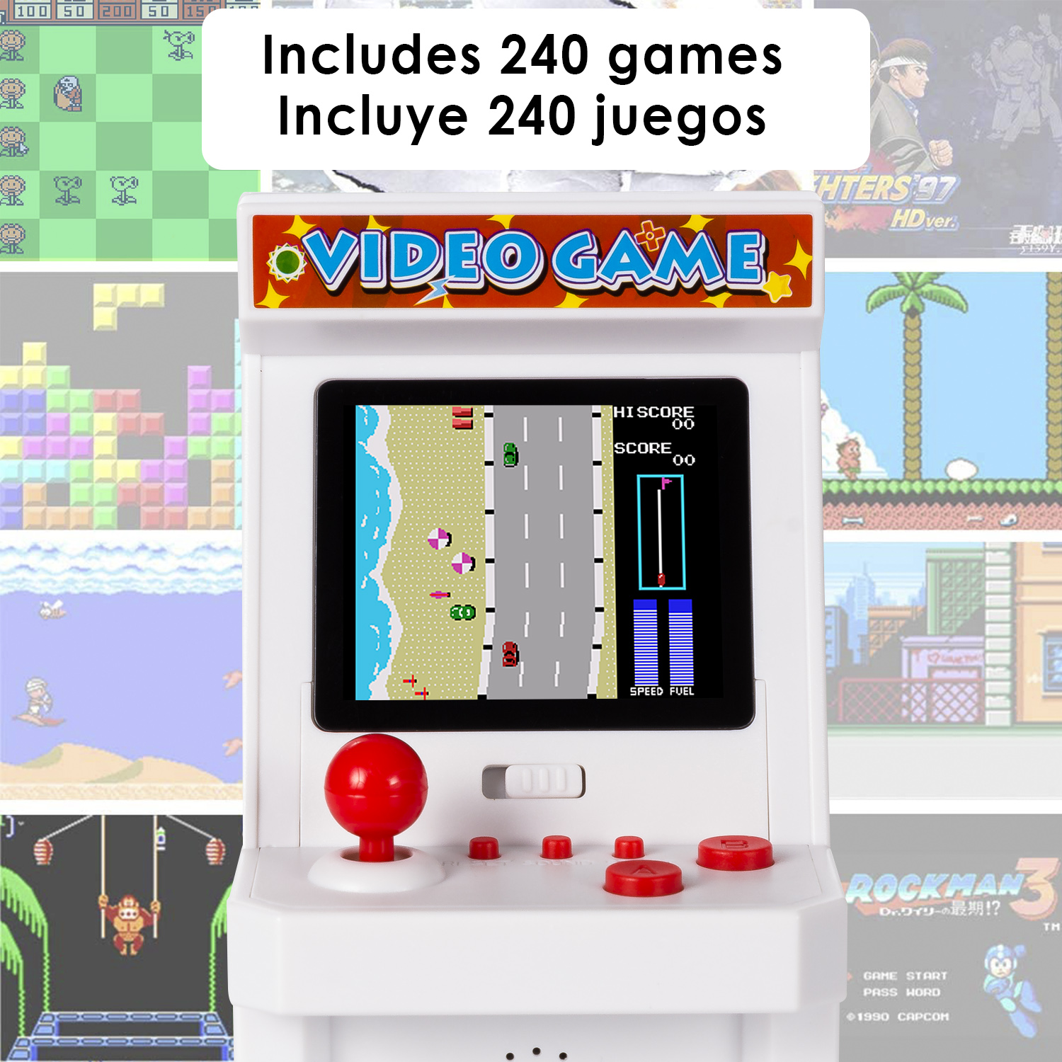 Videogioco arcade retrò bianco con joystick e pulsanti rossi. Include 240 giochi.