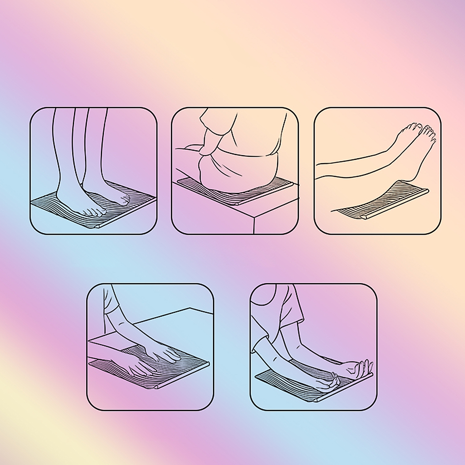 Strichzeichnung der Fuß-/Beintherapie. Füße, sitzende Person, Bein, Armplatzierung. Pastellhintergrund.