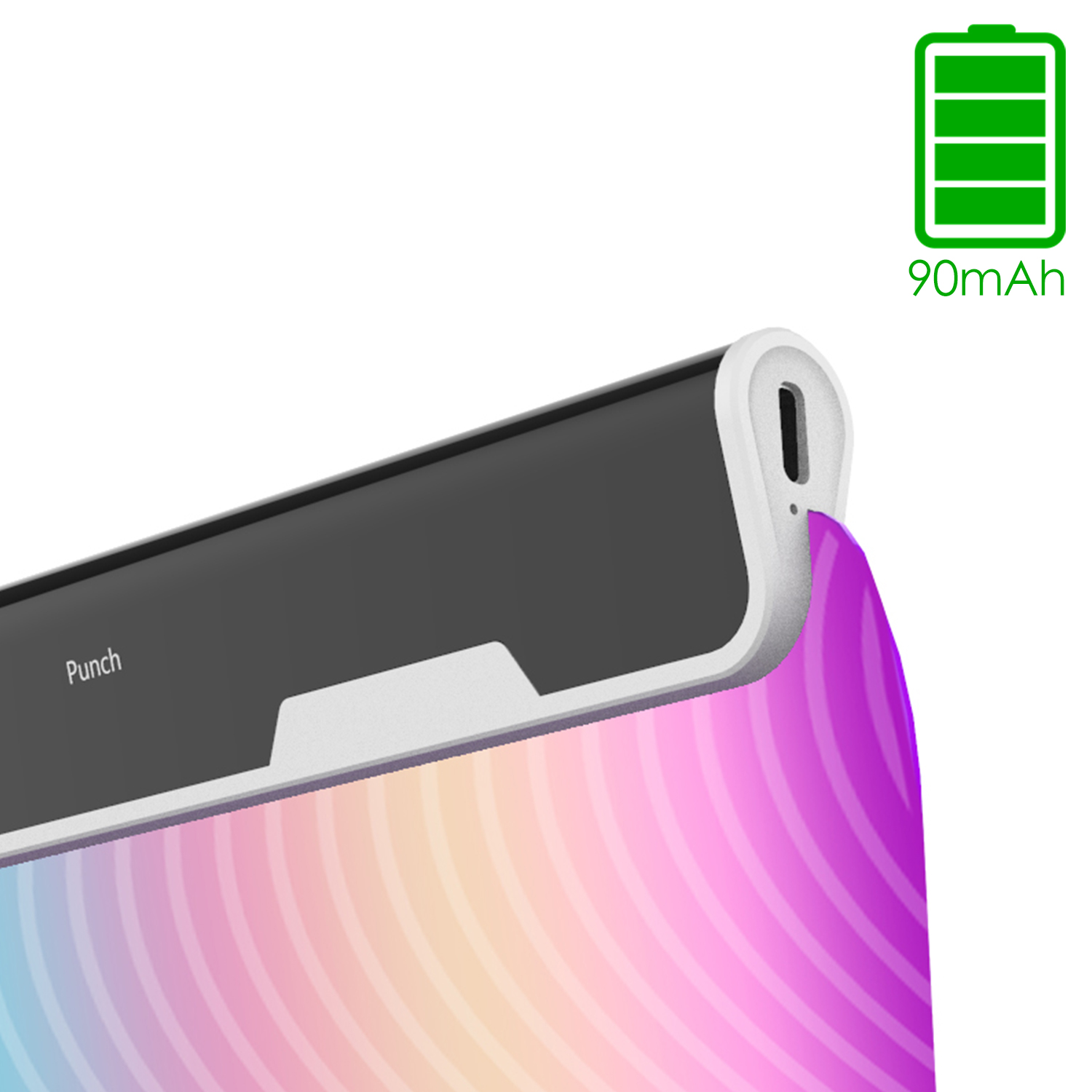 Die Ecke eines Geräts mit einem Gradientenmuster. Eine Batterieanzeige zeigt 90mAh.