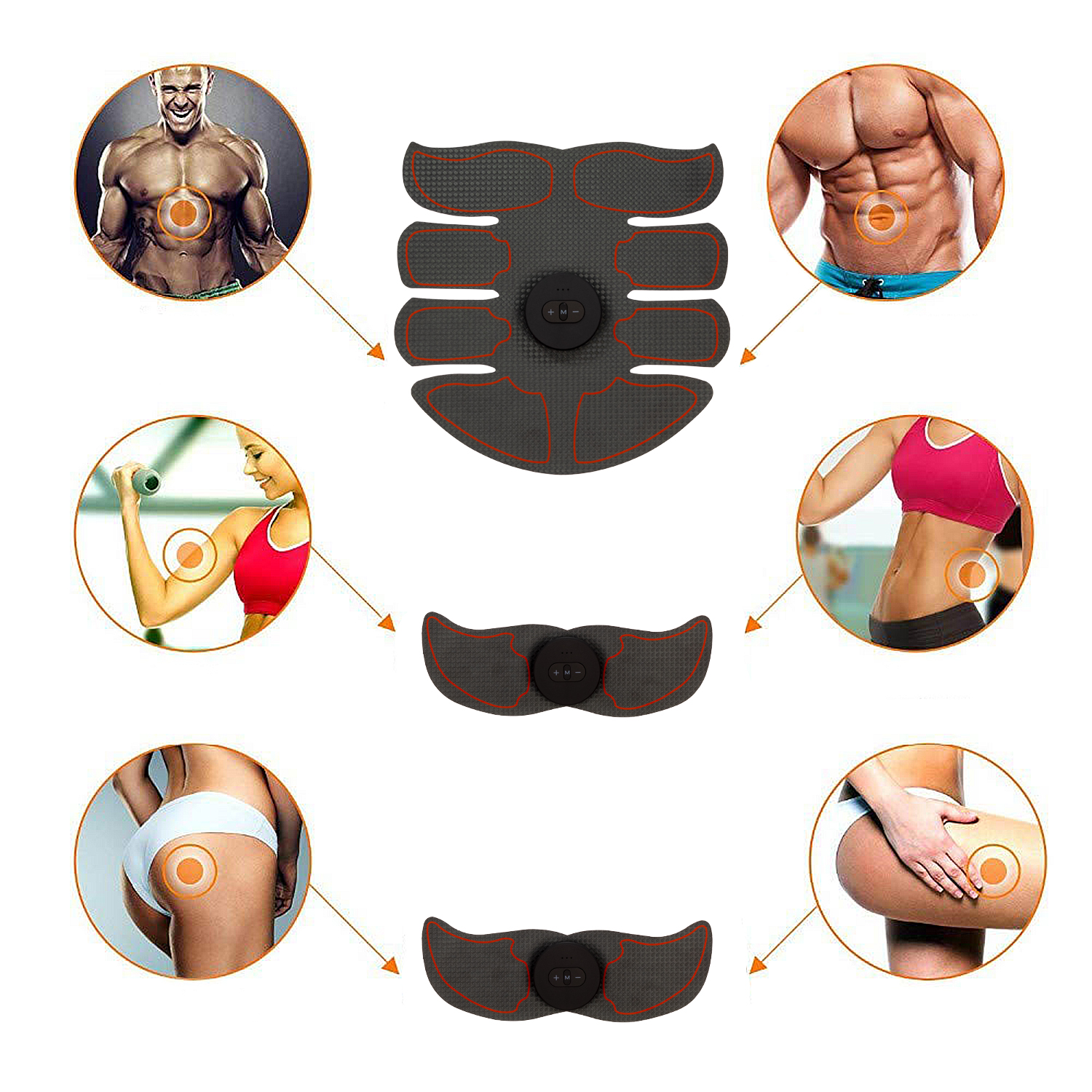 Immagini di persone che usano dispositivi di stimolazione muscolare sul corpo.