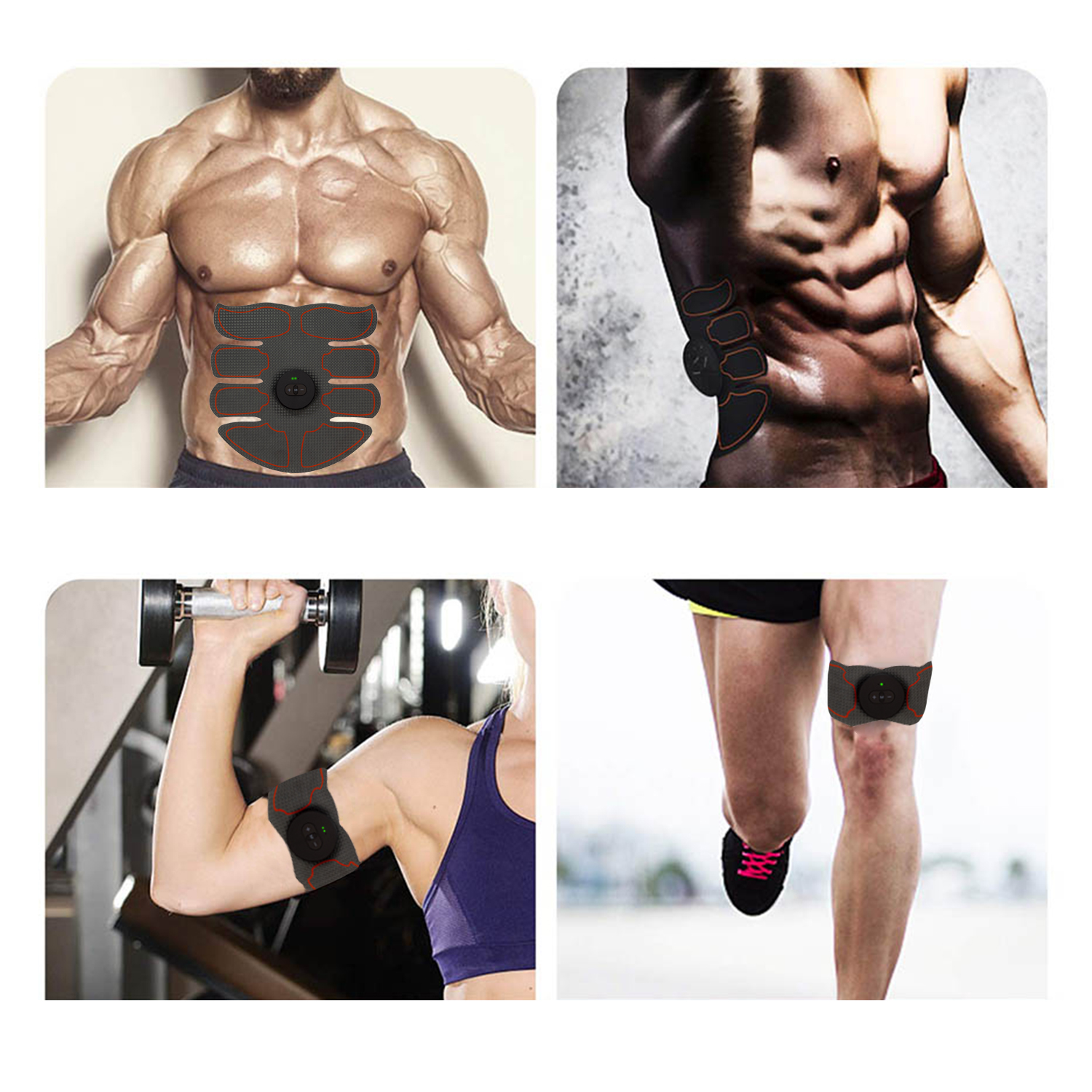 Quattro immagini di persone che utilizzano stimolatori muscolari su diverse parti del corpo.