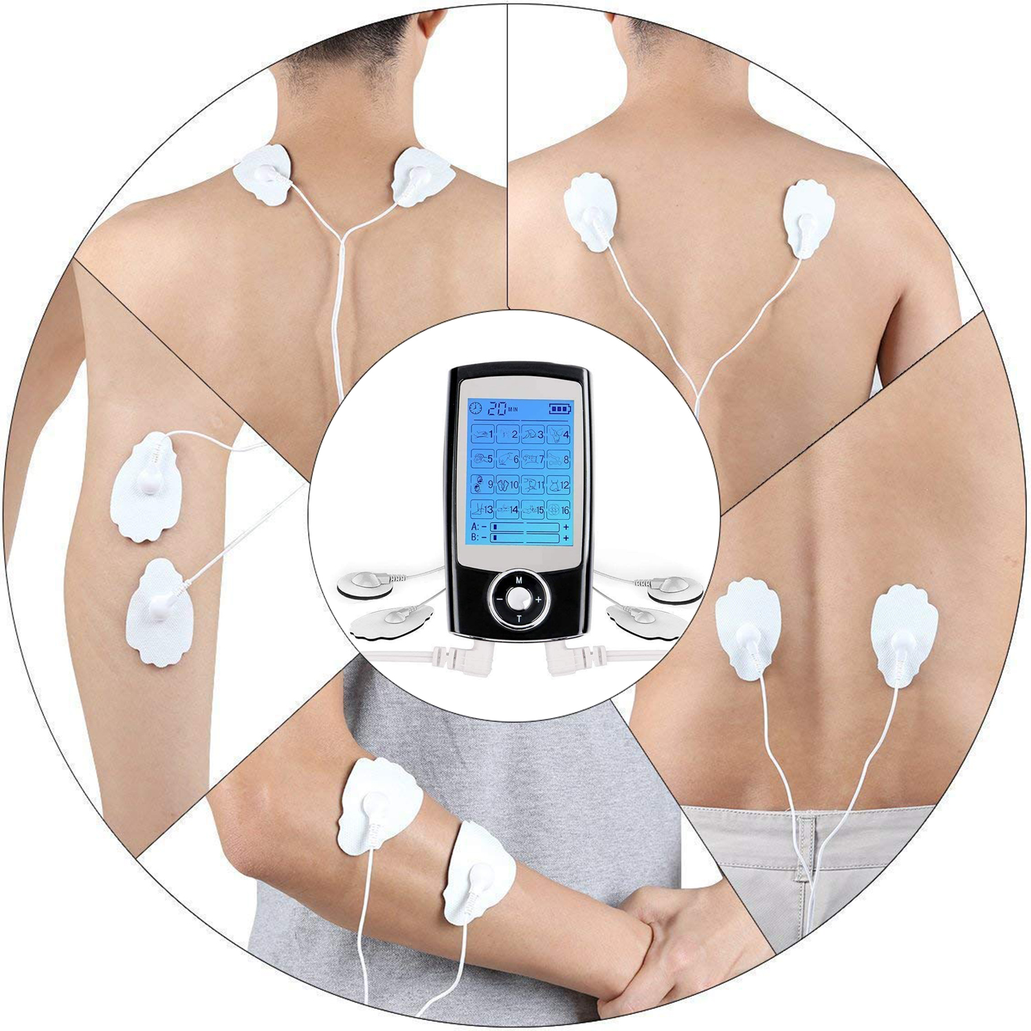 Diagramma che mostra un dispositivo con cuscinetti collegati a varie aree del corpo.