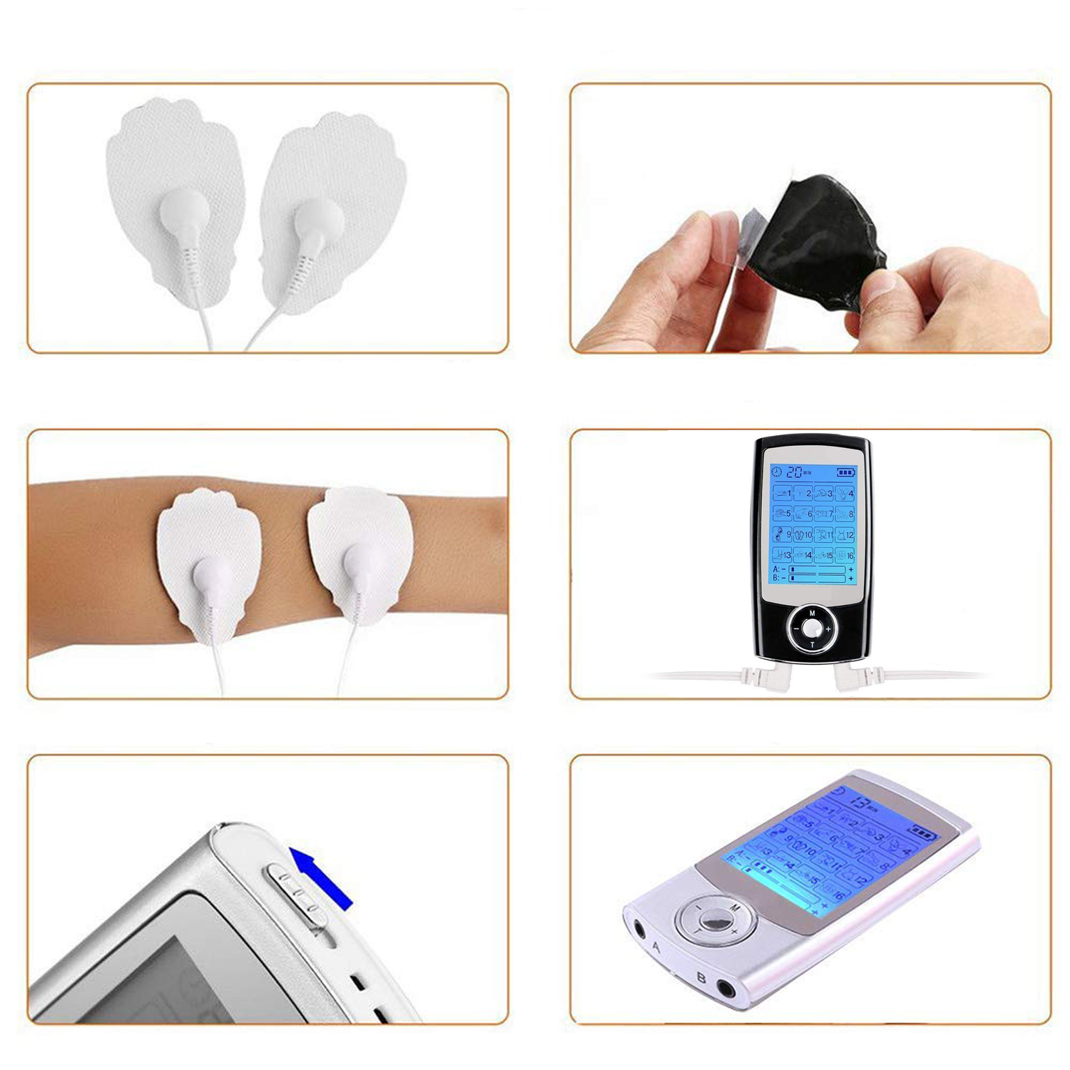 Immagini multiple che mostrano un dispositivo per la stimolazione elettrica muscolare e i suoi componenti.