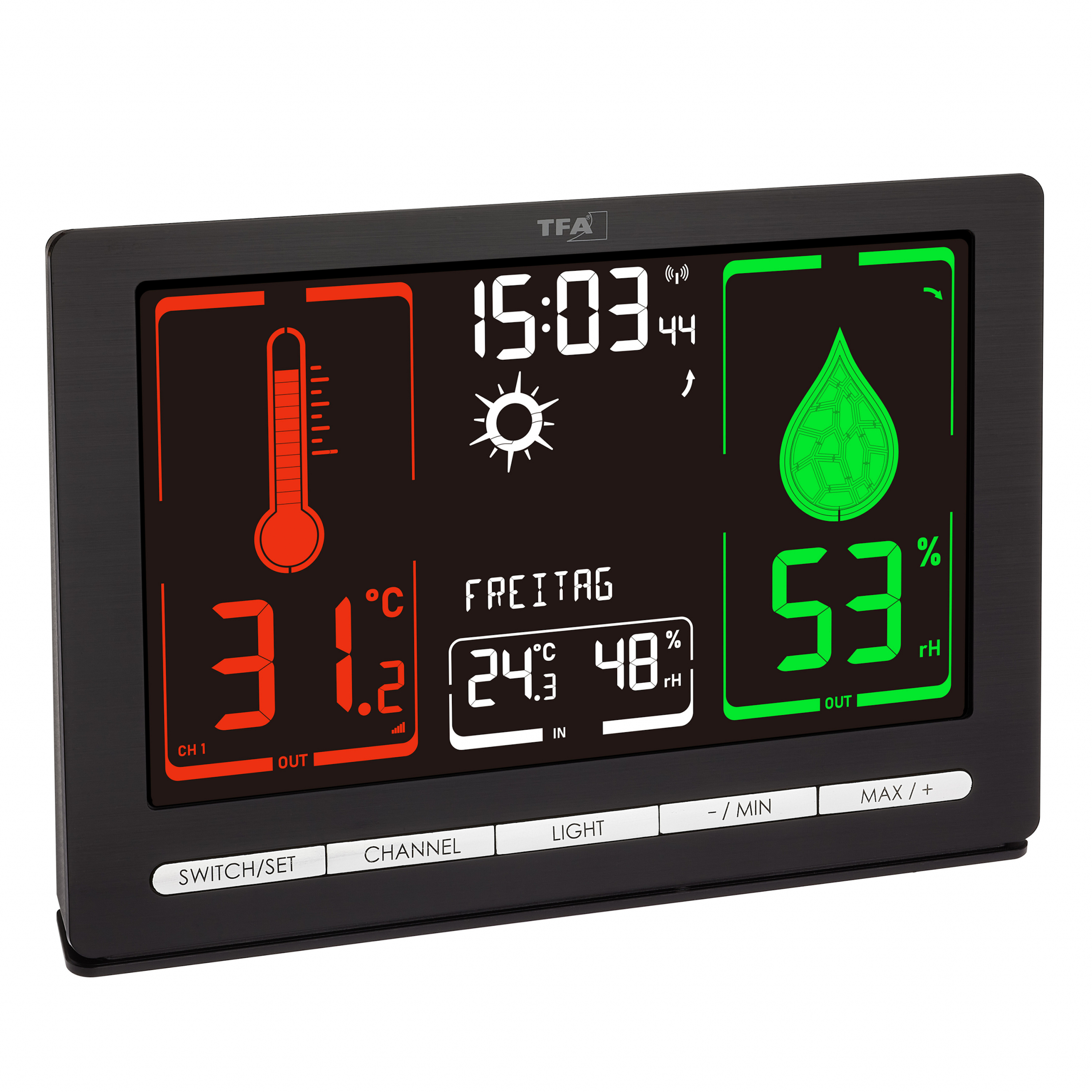 Eine schwarze Wetterstation mit Temperatur-, Feuchtigkeits- und Zeitanzeigen, mit einem Sonnensymbol.