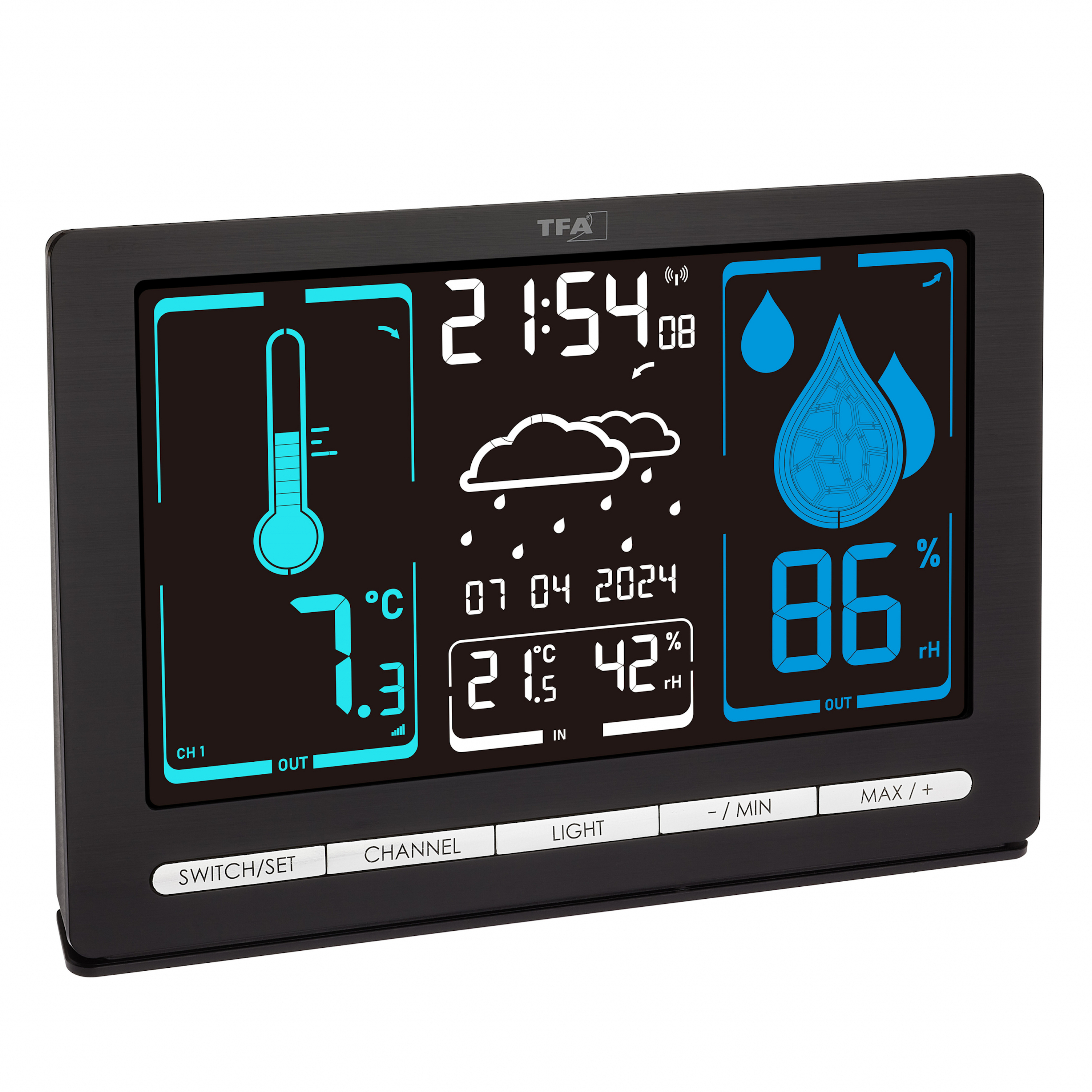 Eine schwarze Wetterstation zeigt Zeit, Temperatur, Luftfeuchtigkeit und Wettersymbole an.