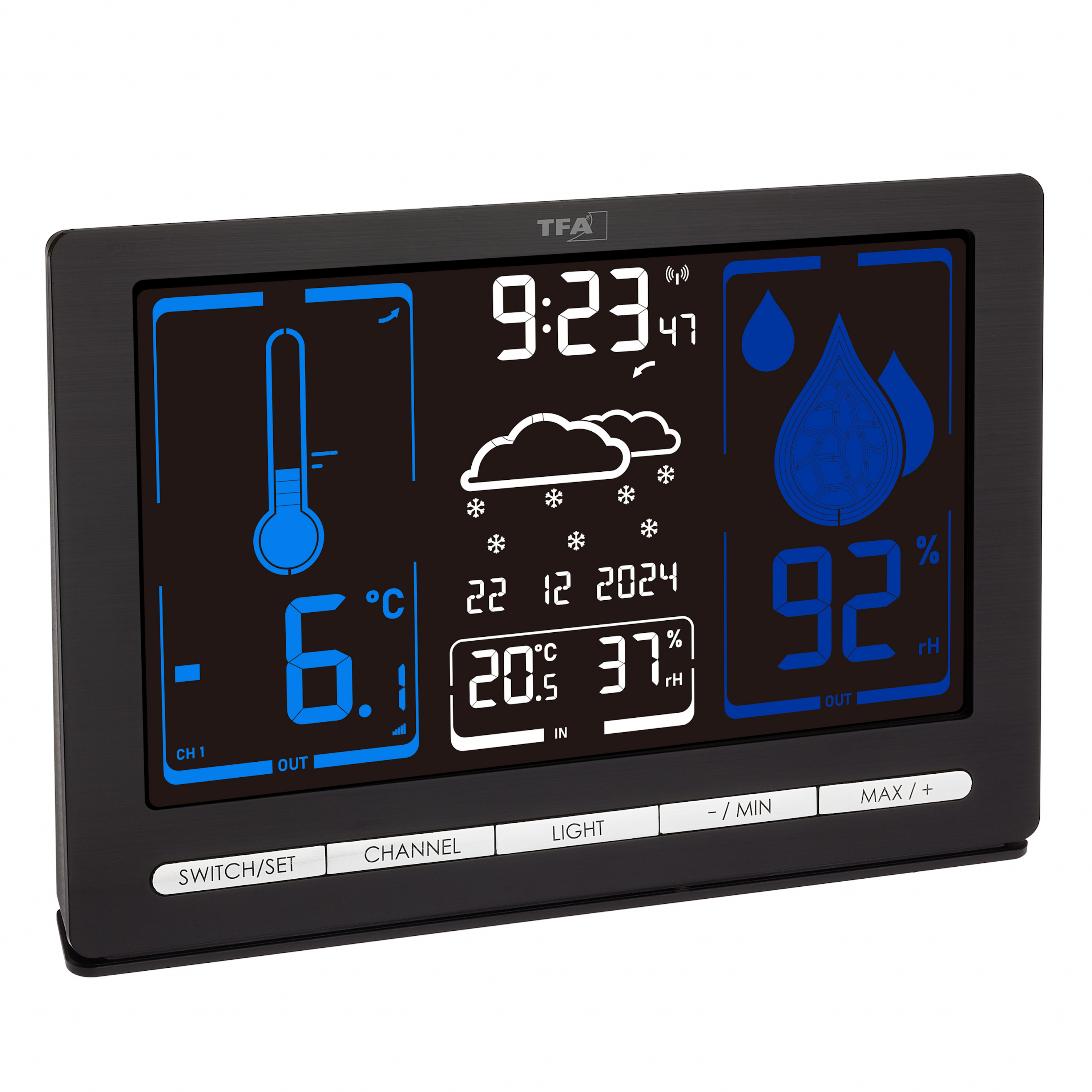 Eine schwarze digitale Wetterstation zeigt Zeit, Temperatur und Wettersymbole an.