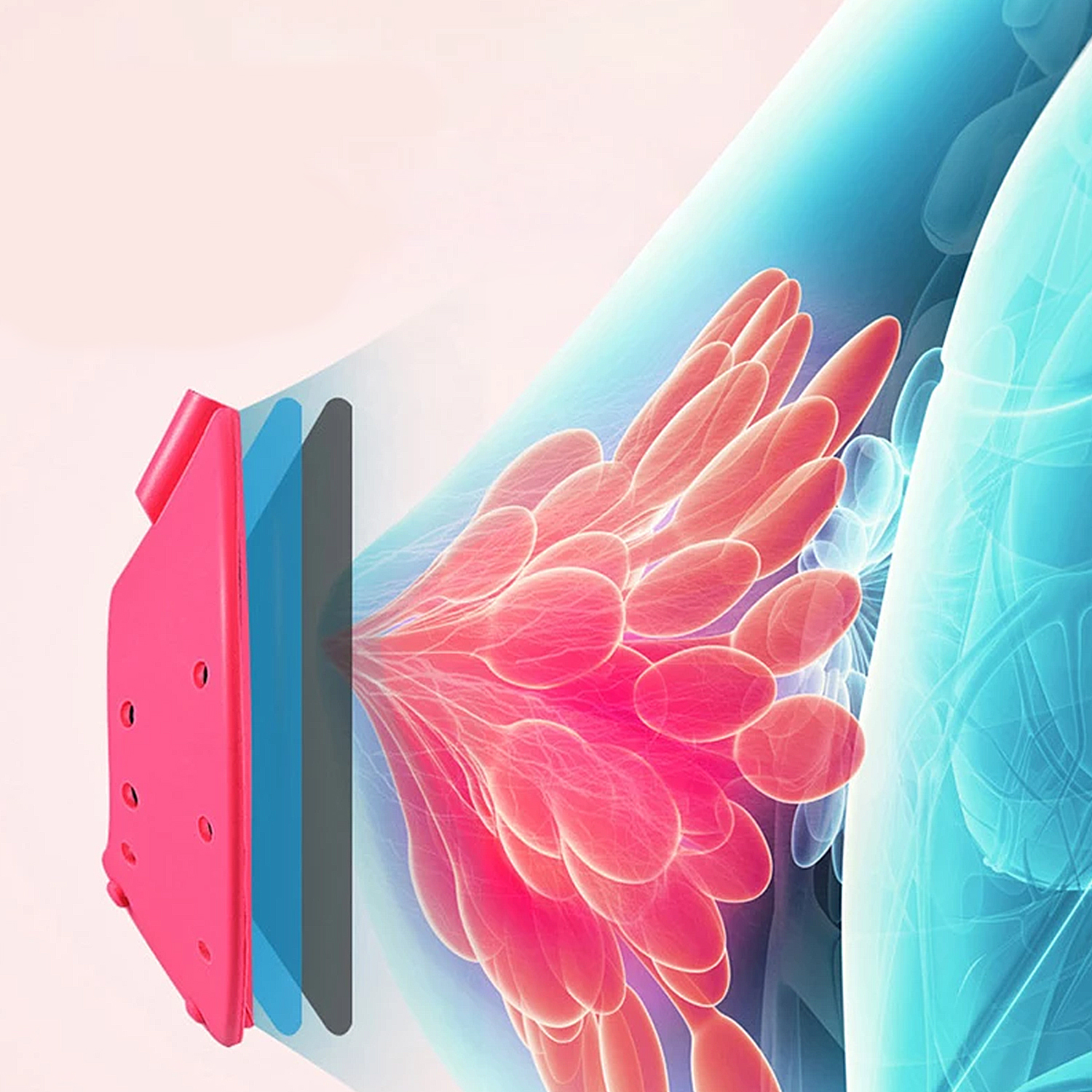 Diagramma di un dispositivo con strati rosa e blu, che mostra l'emissione di energia.