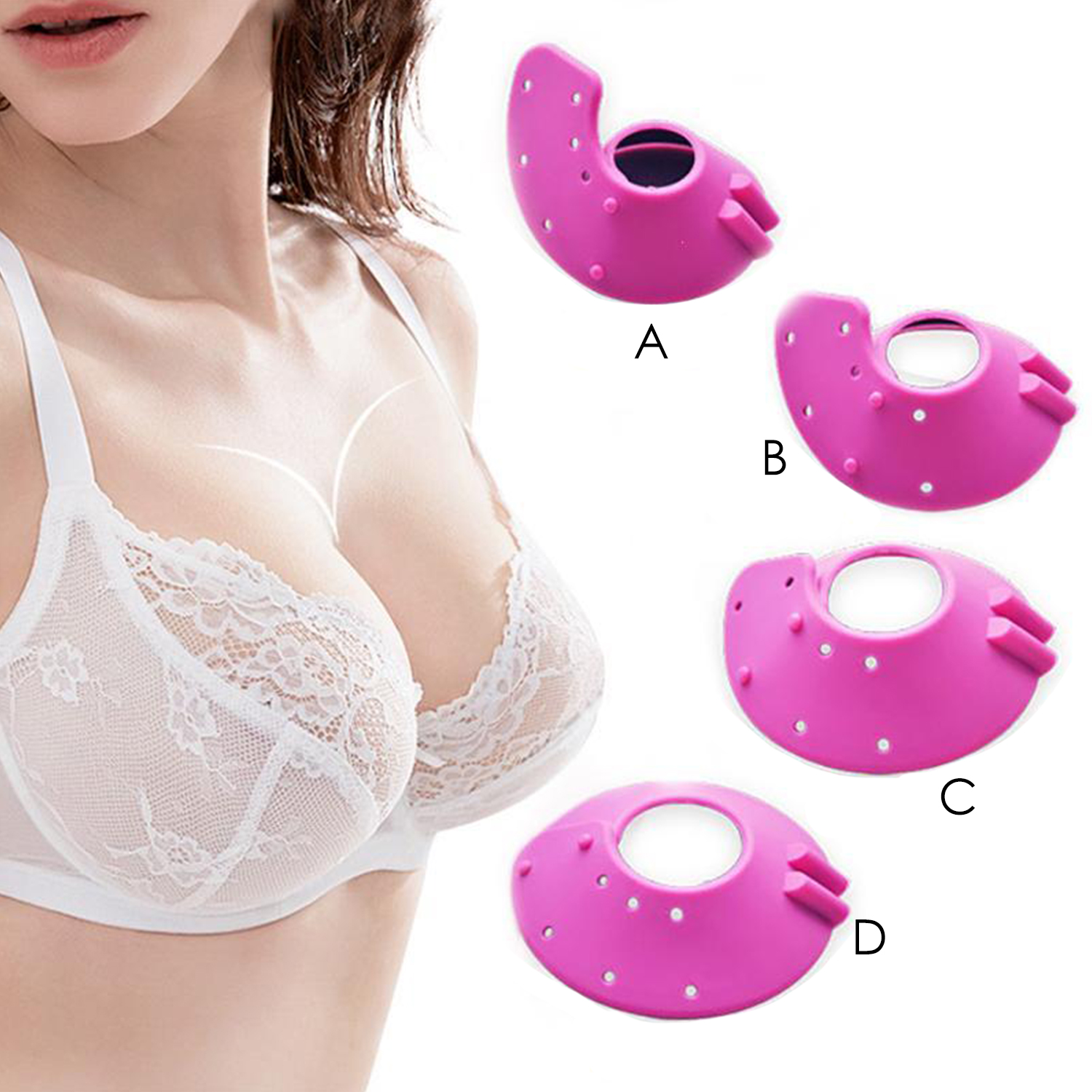 Donna con reggiseno con dettagli in pizzo, con protezioni per il seno rosa a forma di A, B, C e D.