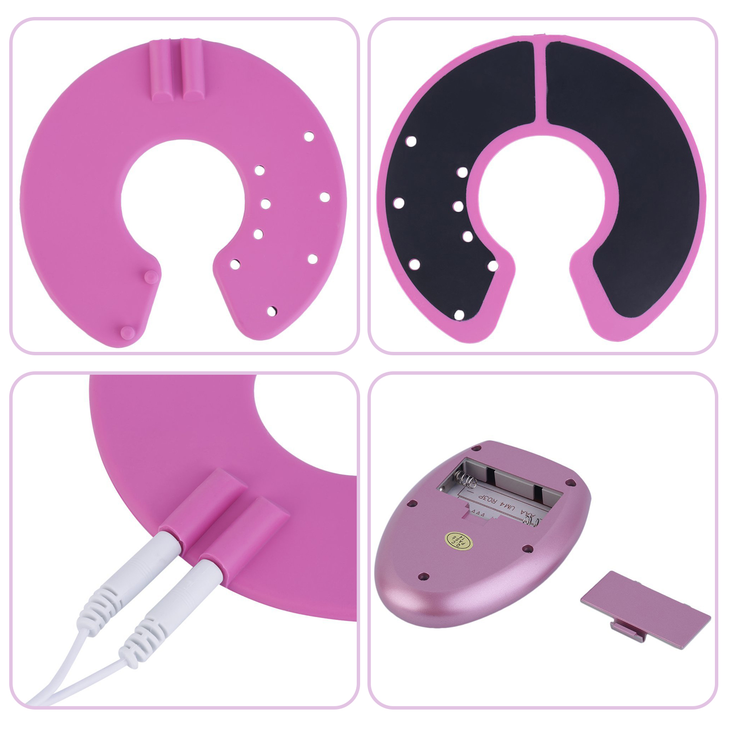 Parti di massaggiatore per il collo rosa, primi piani del dispositivo e dei suoi componenti su sfondo bianco.