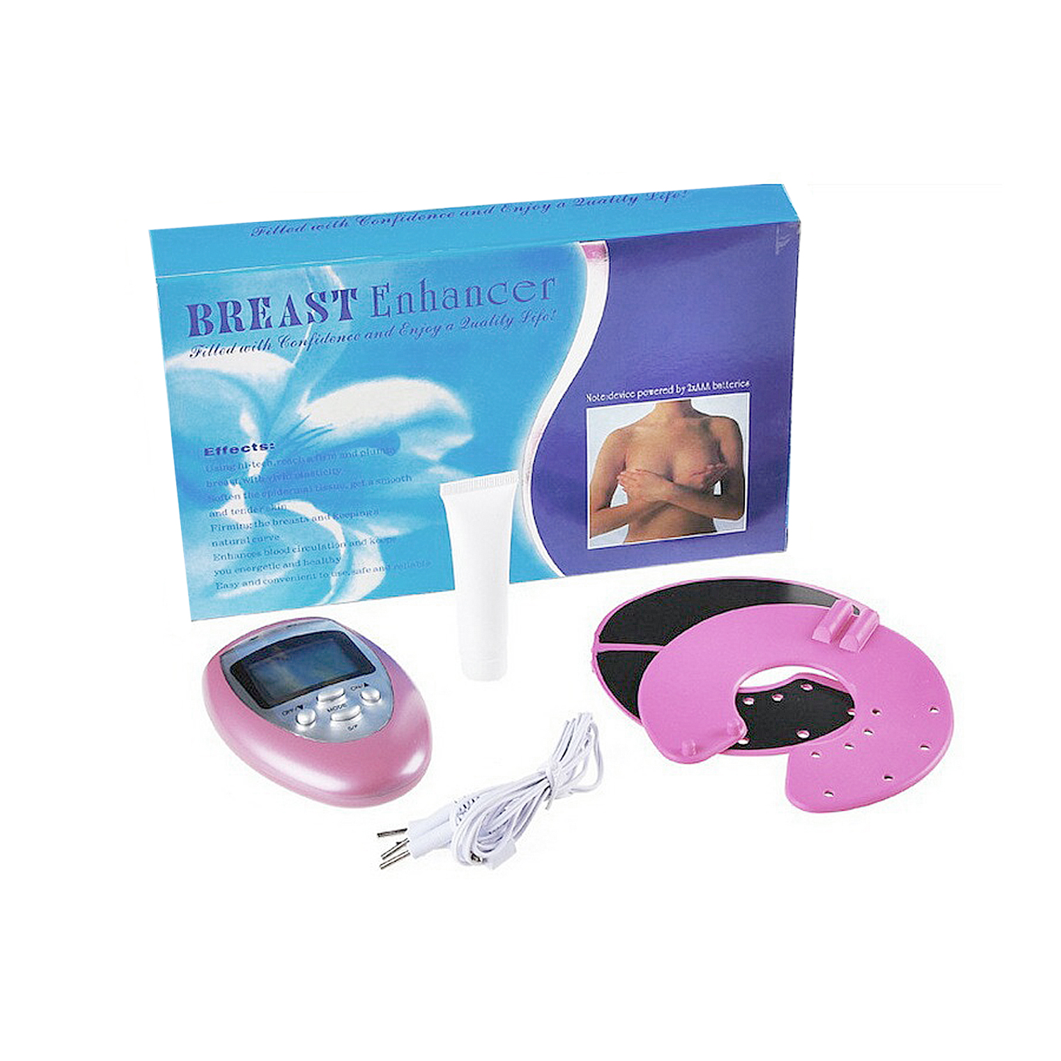 Una scatola con un kit per l'aumento del seno. Include un dispositivo rosa, crema e due cuscinetti rosa.