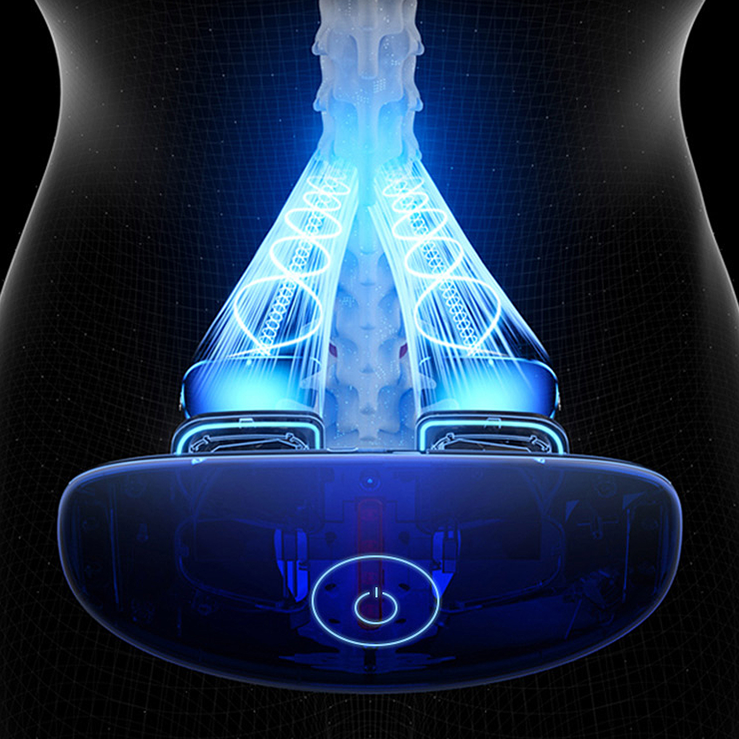 Diagramma di un dispositivo medico blu, che mostra il funzionamento interno e le luci.