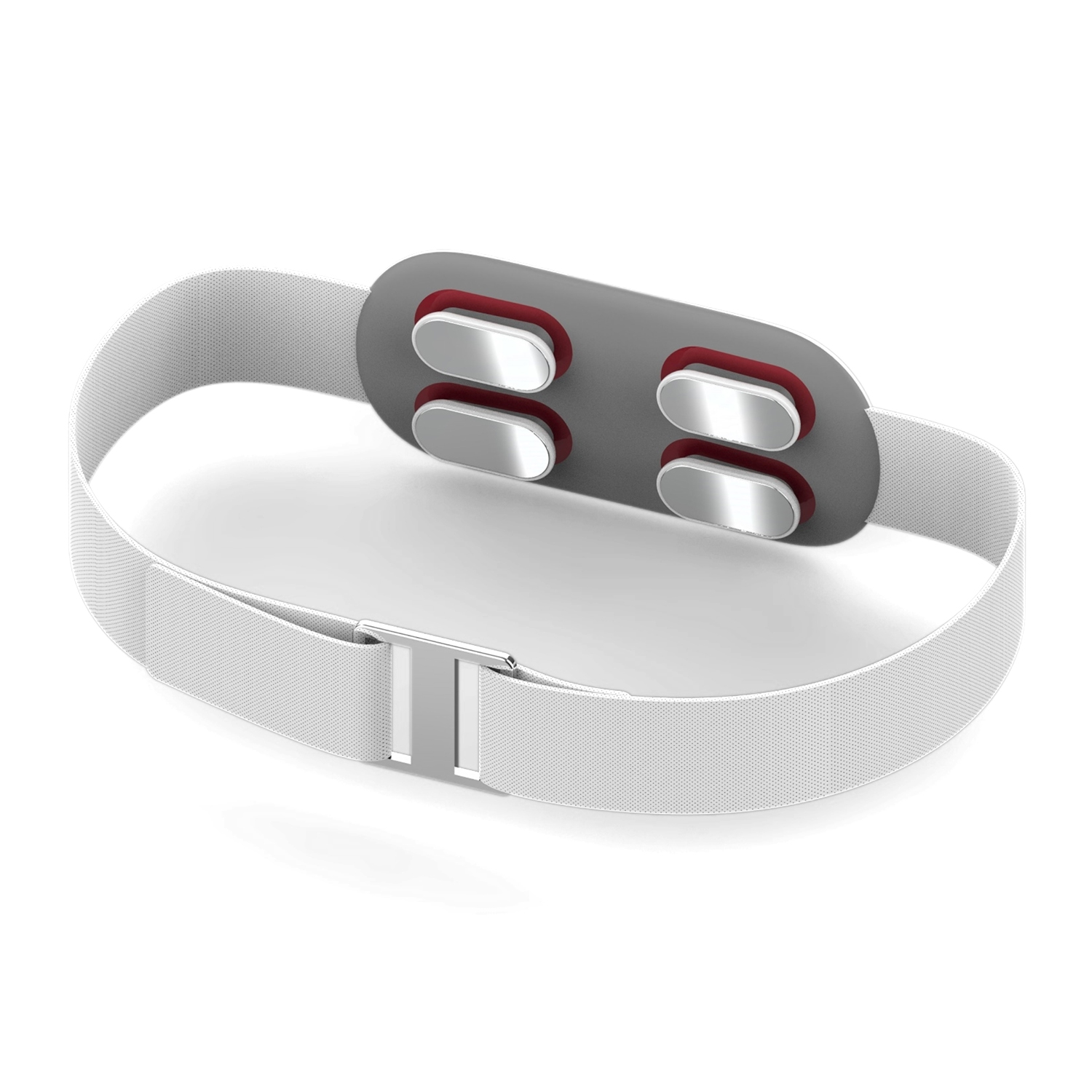 Fitness tracker bianco con unità centrale grigia e pulsanti rossi. Sfondo bianco.