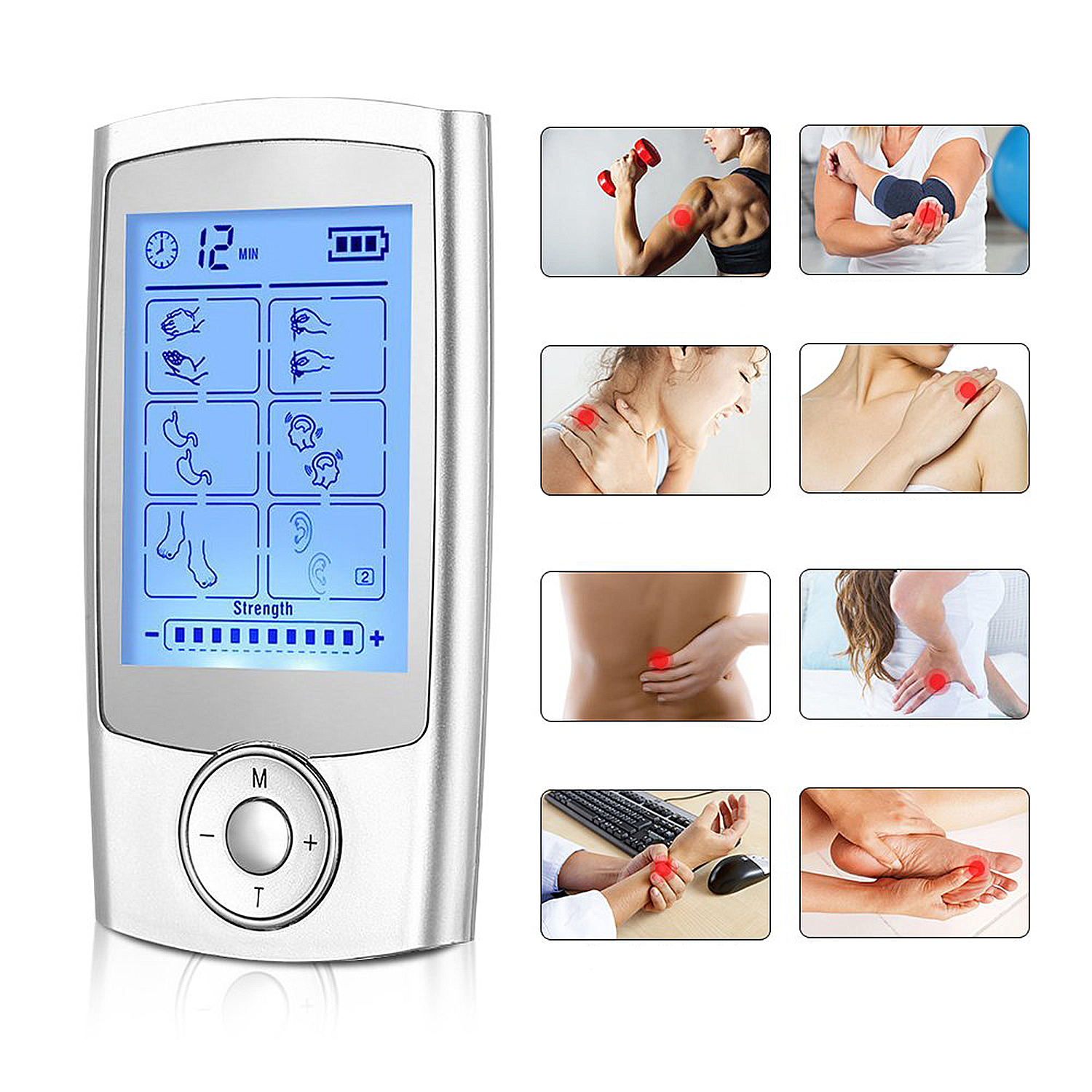 Un massaggiatore portatile con schermo LCD che mostra diverse parti del corpo e funzioni.