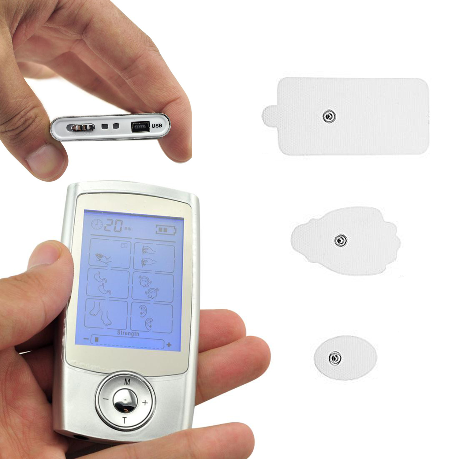 Un piccolo stimolatore muscolare elettronico portatile con cuscinetti e ricarica USB. Include uno schermo di controllo.
